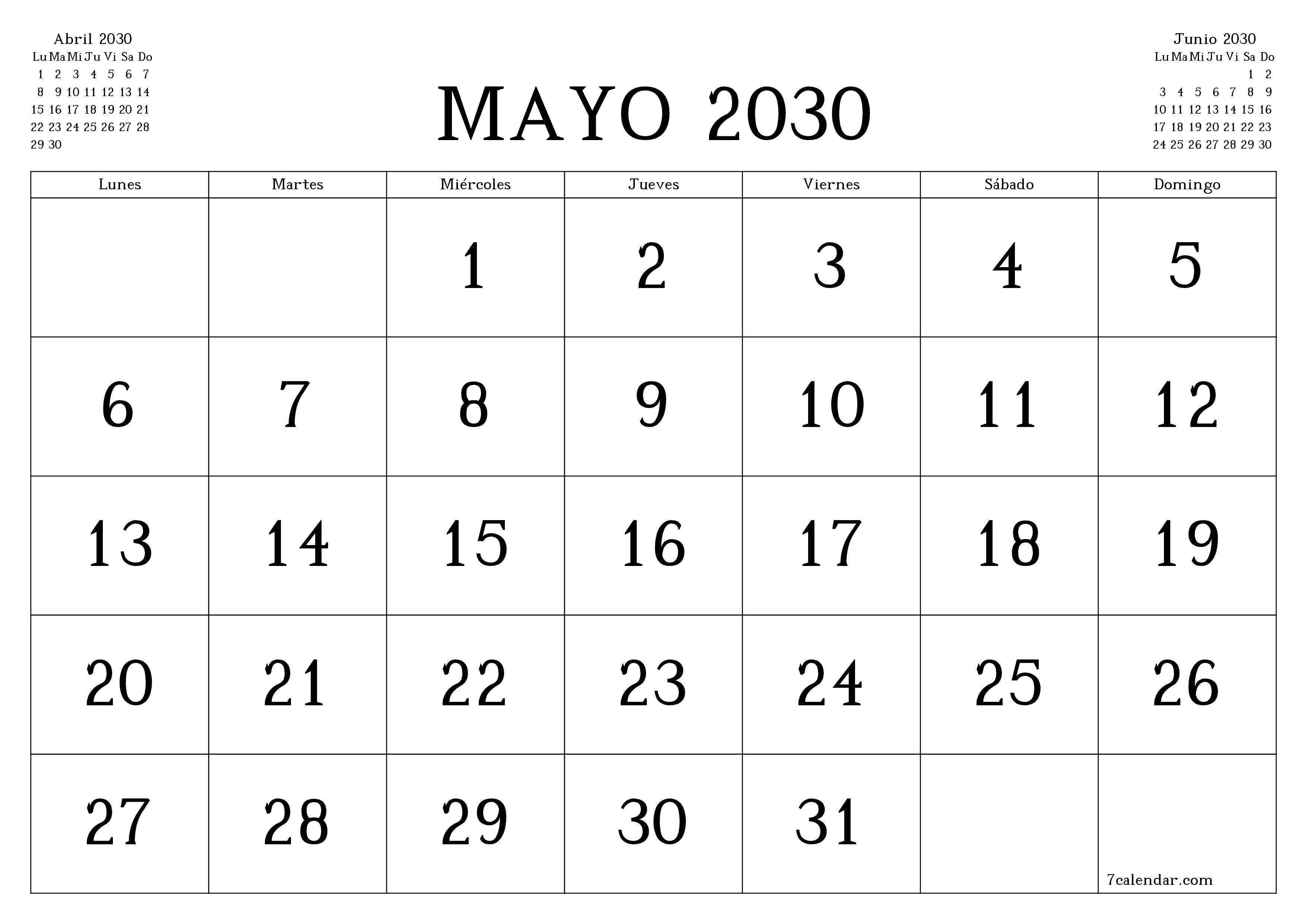 Planificador mensual vacío para el mes Mayo 2030 con notas, guardar e imprimir en PDF PNG Spanish