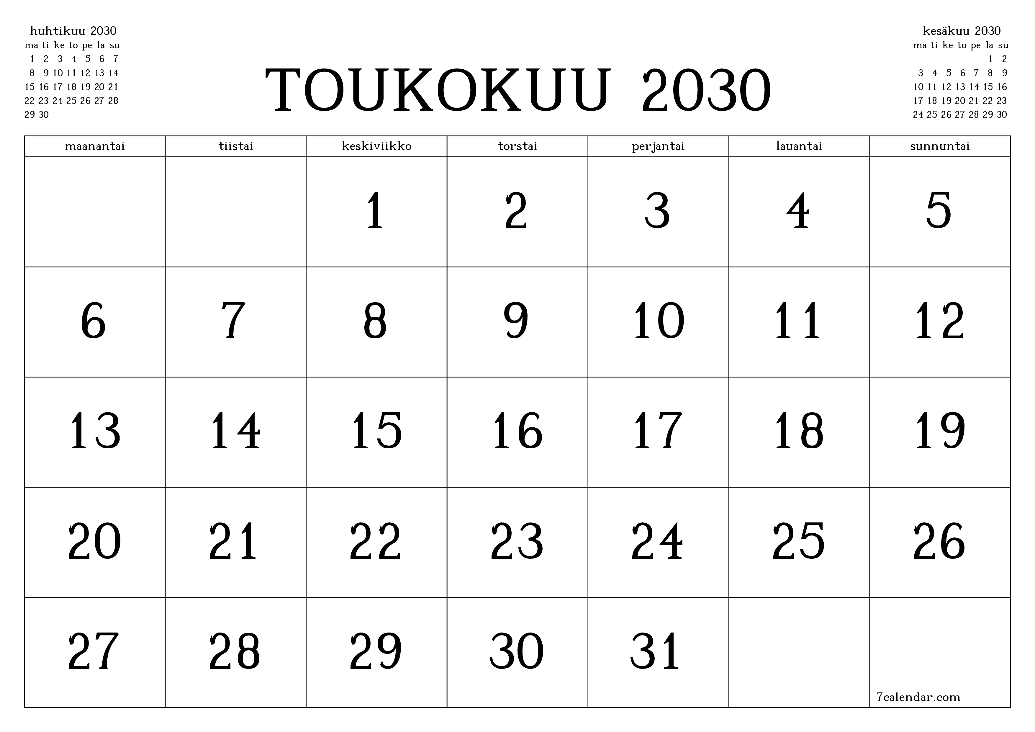 Tyhjennä kuukausittainen suunnittelija kuukaudelle Toukokuu 2030 muistiinpanoilla, tallenna ja tulosta PDF-muotoon PNG Finnish