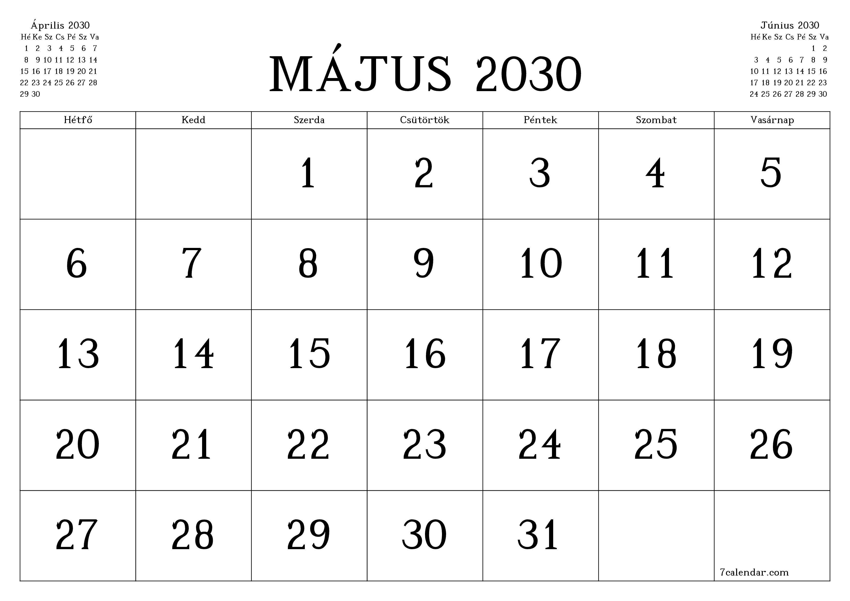 Üres havi tervező a Május 2030 hónapra jegyzetekkel, mentés és nyomtatás PDF-be PNG Hungarian