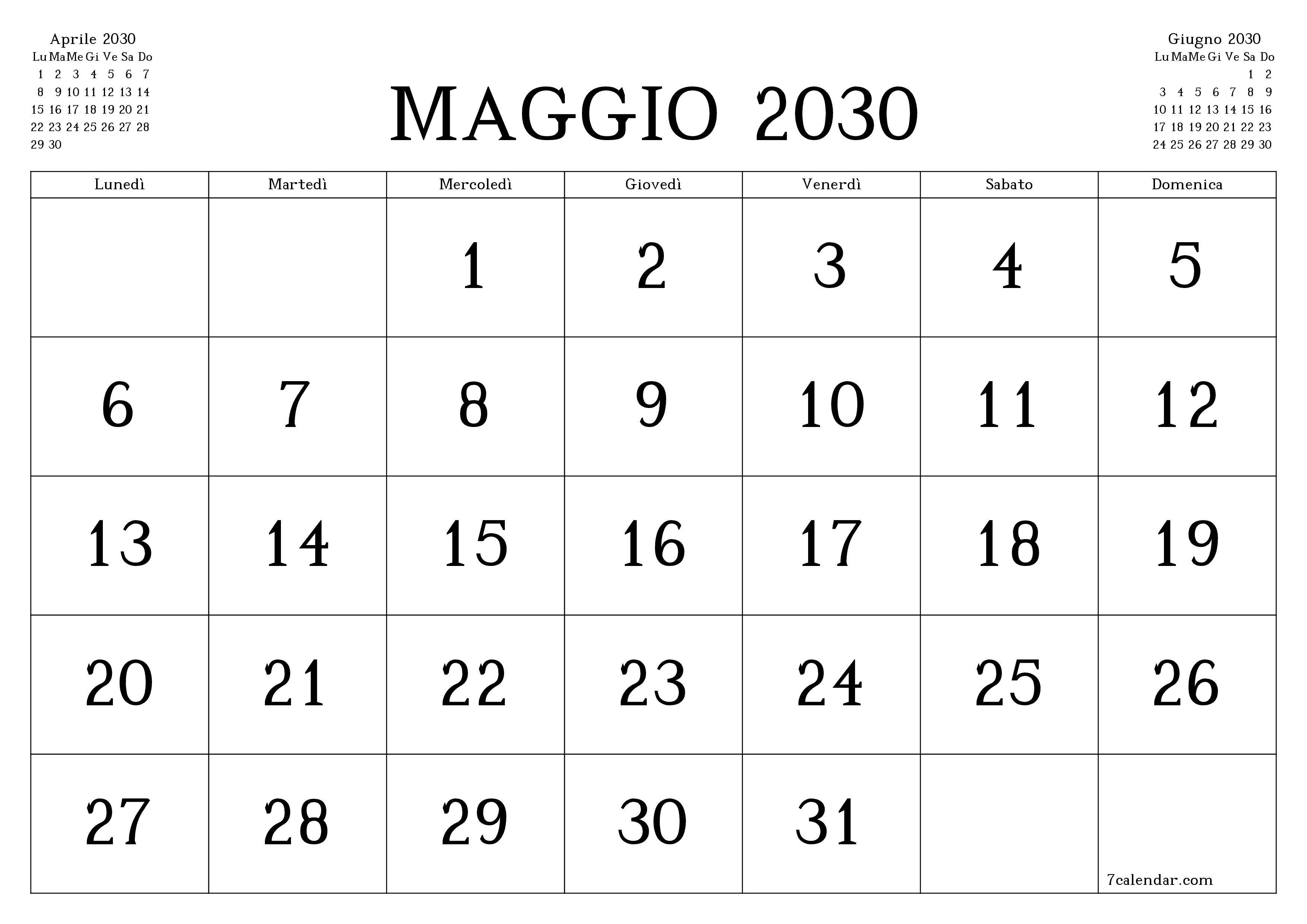 Pianificatore mensile vuoto per il mese Maggio 2030 con note, salva e stampa in PDF PNG Italian