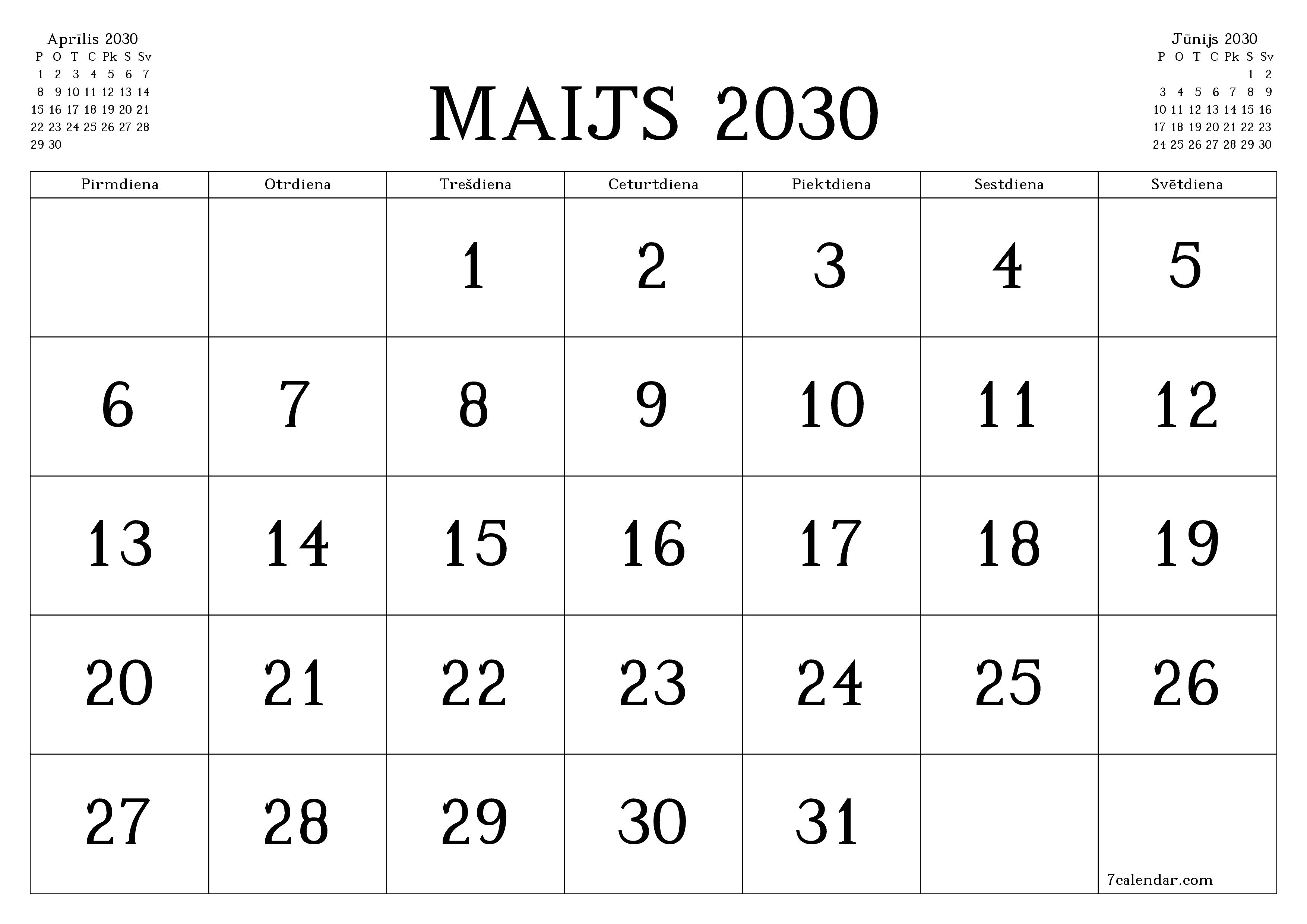 Iztukšot mēneša plānotāju mēnesim Maijs 2030 ar piezīmēm, saglabāt un izdrukāt PDF formātā PNG Latvian