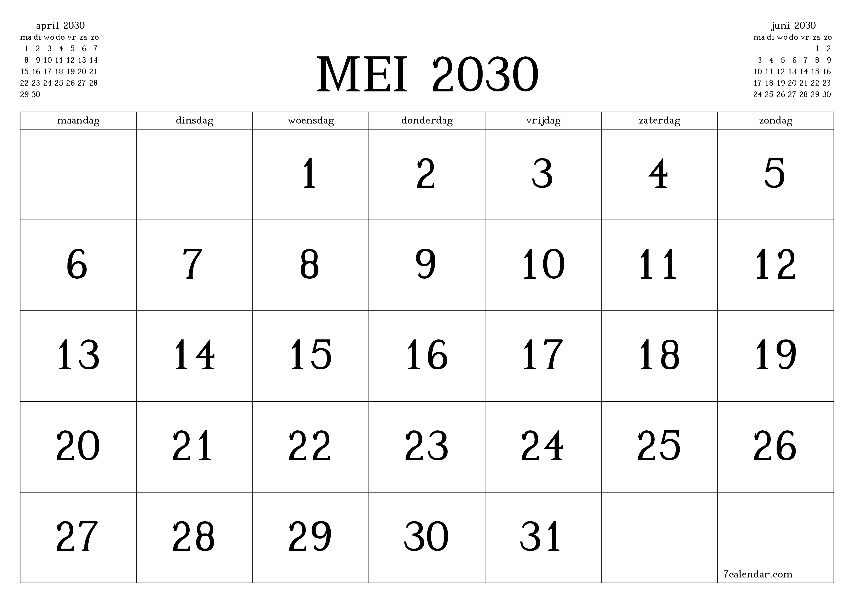 Lege maandplanner voor maand mei 2030 met notities, opslaan en afdrukken naar pdf PNG Dutch