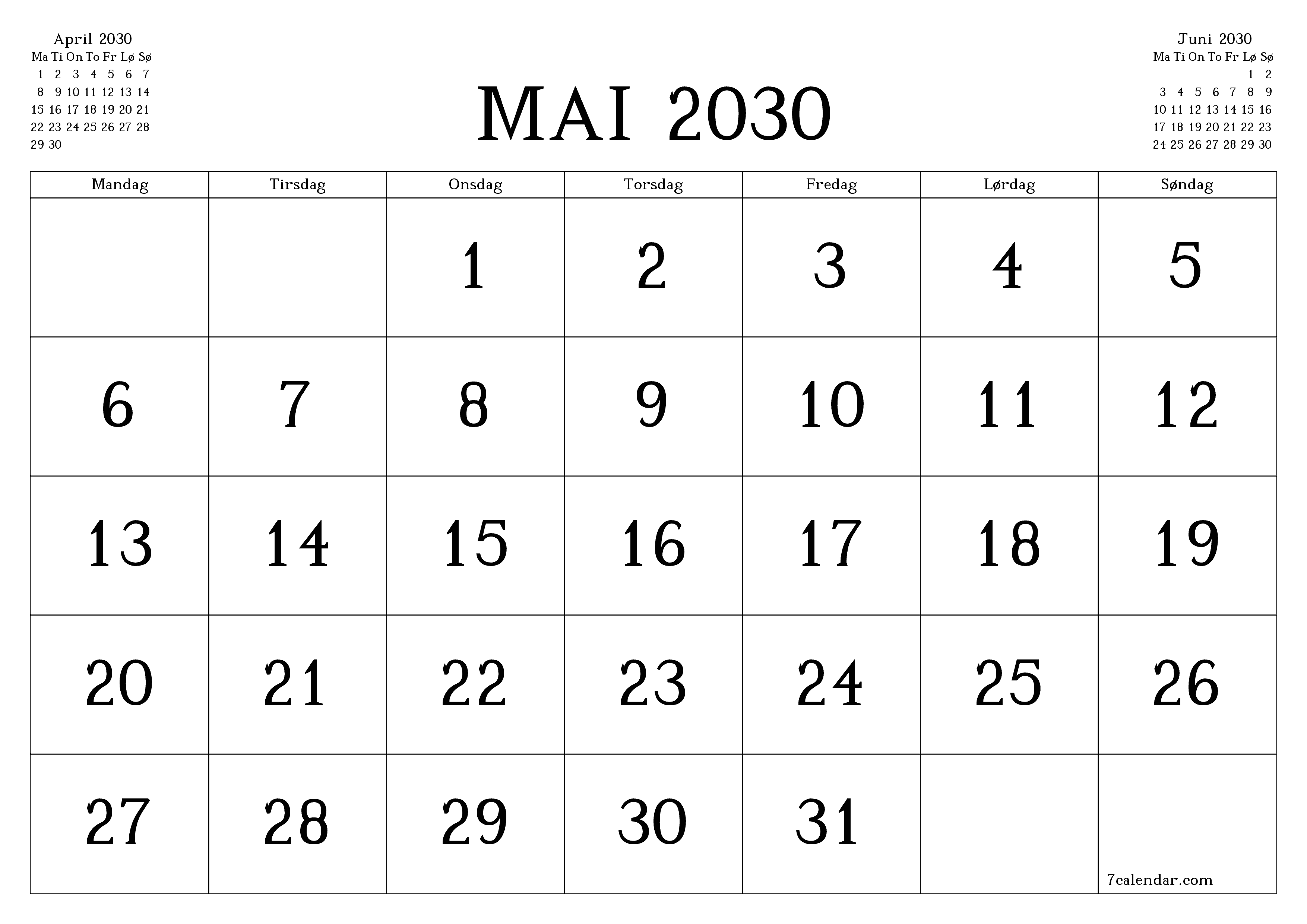 Tom månedlig planlegger for måned Mai 2030 med notater, lagre og skriv ut til PDF PNG Norwegian