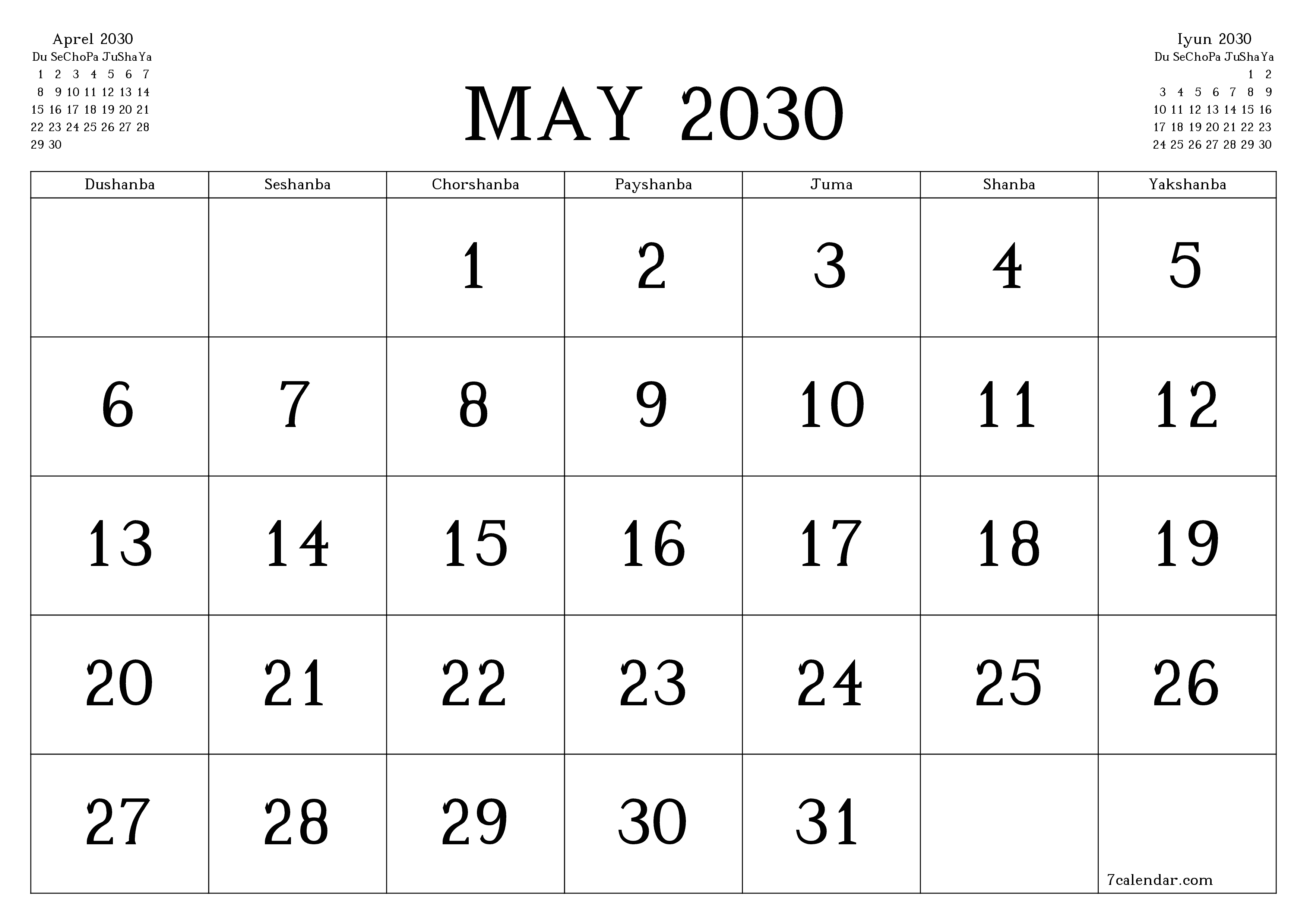 May 2030 oylik oylik rejalashtiruvchini yozuvlar bilan bo'shatish, saqlash va PDF-ga chop etish PNG Uzbek