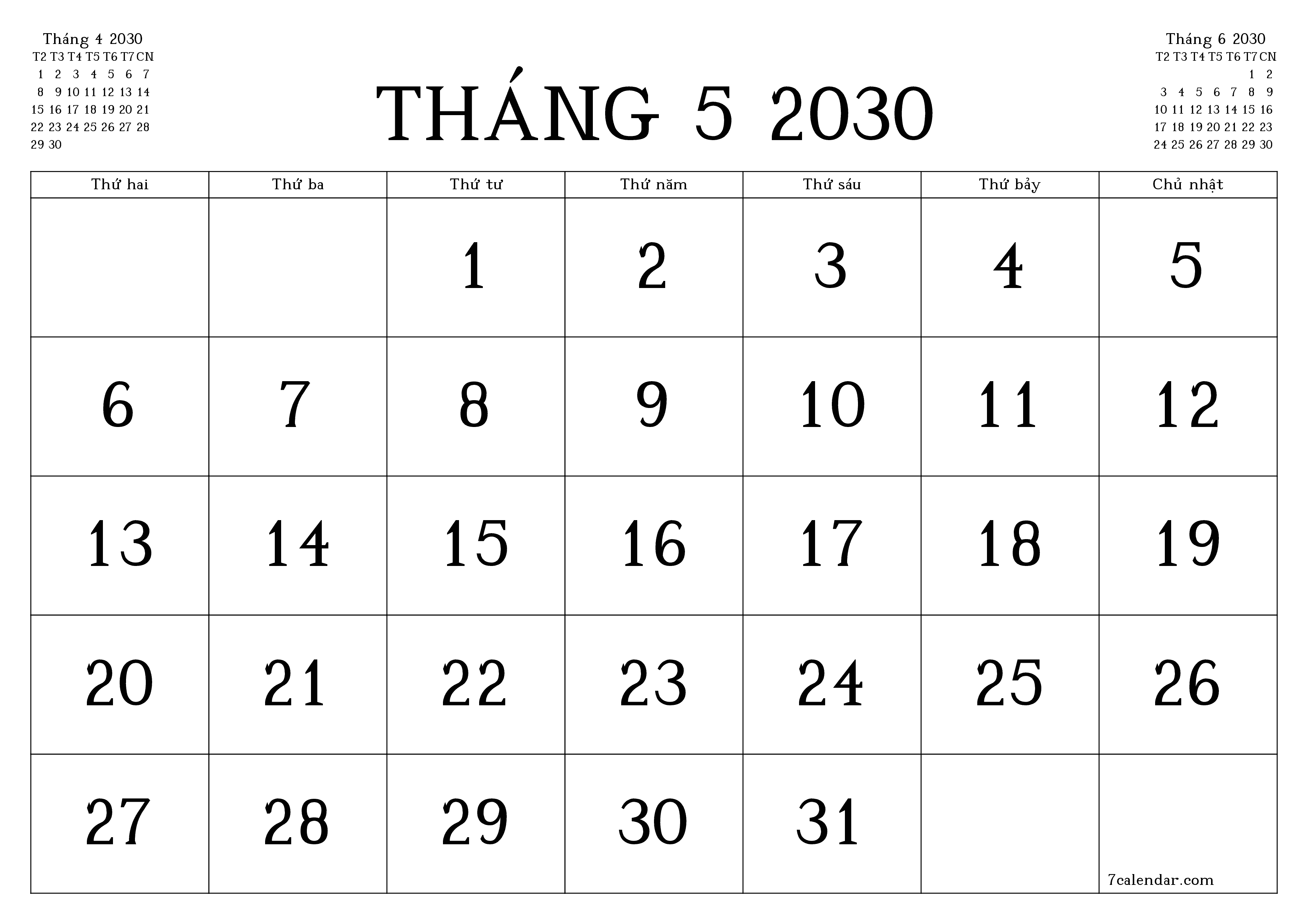 Công cụ lập kế hoạch hàng tháng trống cho tháng Tháng 5 2030 có ghi chú, lưu và in sang PDF PNG Vietnamese