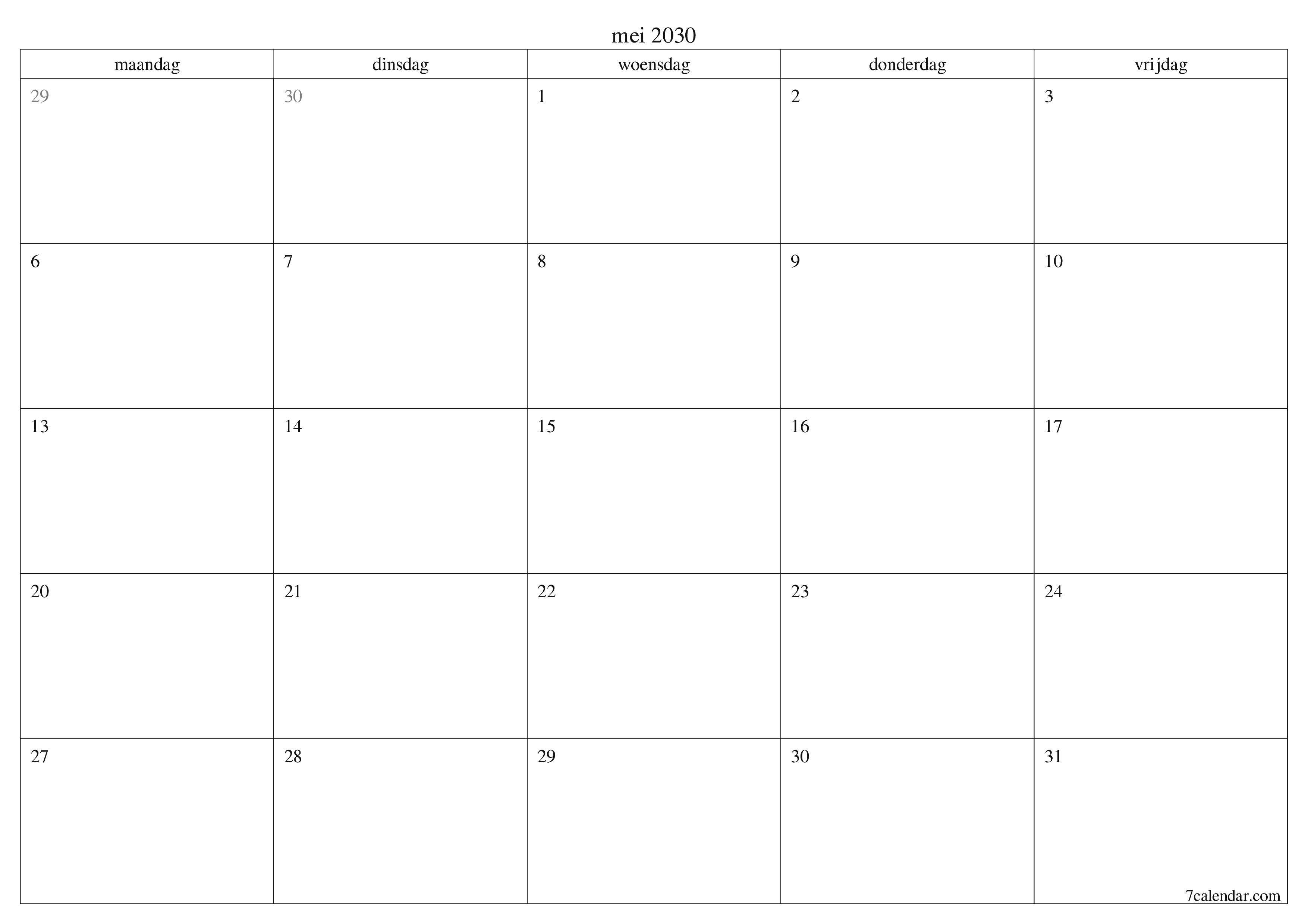Lege maandplanner voor maand mei 2030 met notities, opslaan en afdrukken naar pdf PNG Dutch