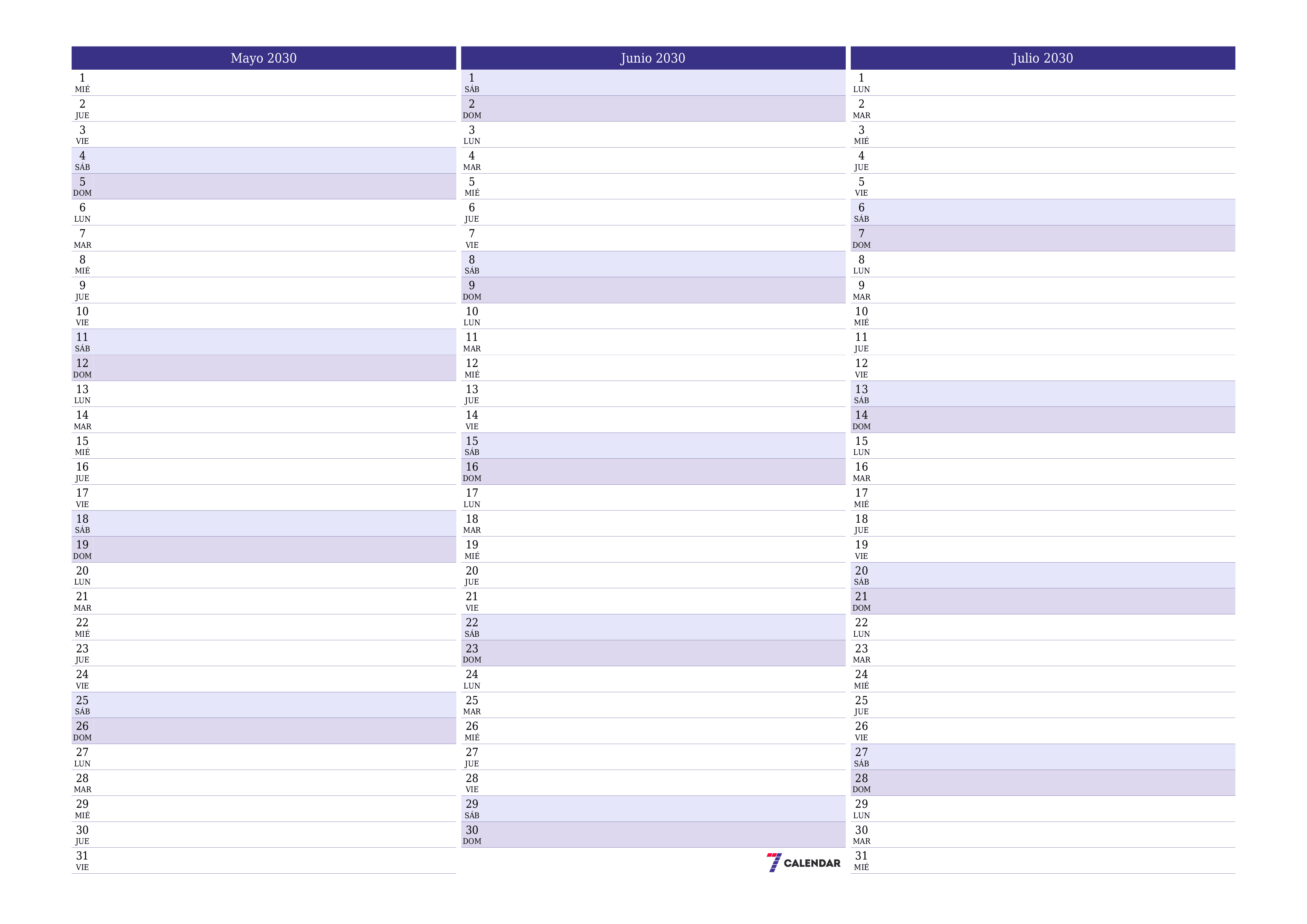Planificador mensual vacío para el mes Mayo 2030 con notas, guardar e imprimir en PDF PNG Spanish