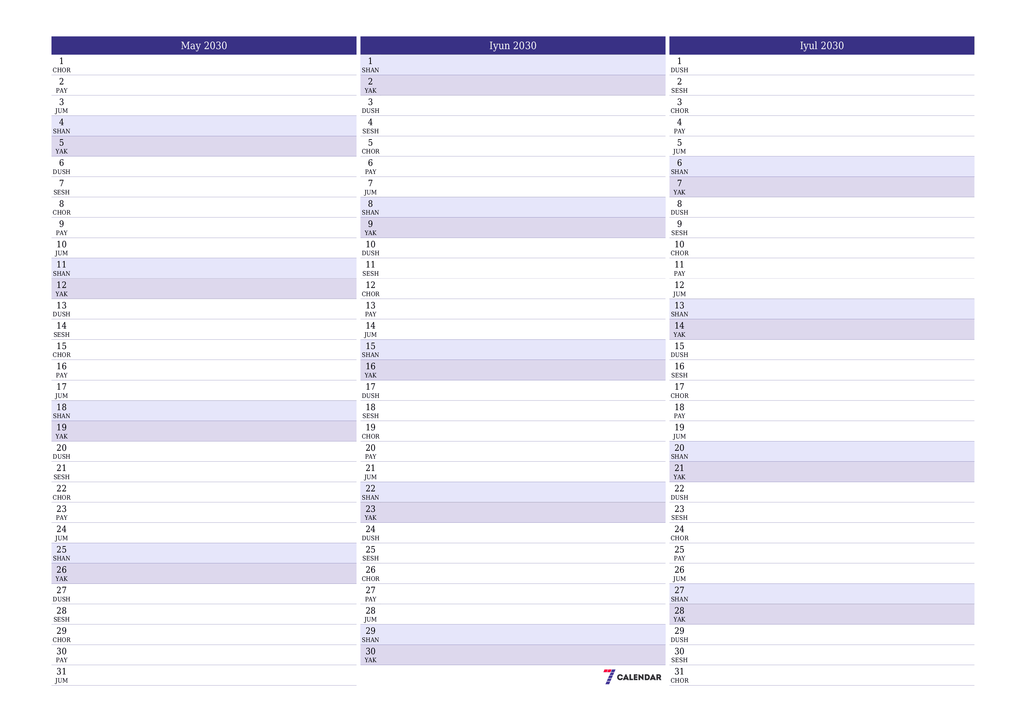 May 2030 oylik oylik rejalashtiruvchini yozuvlar bilan bo'shatish, saqlash va PDF-ga chop etish PNG Uzbek