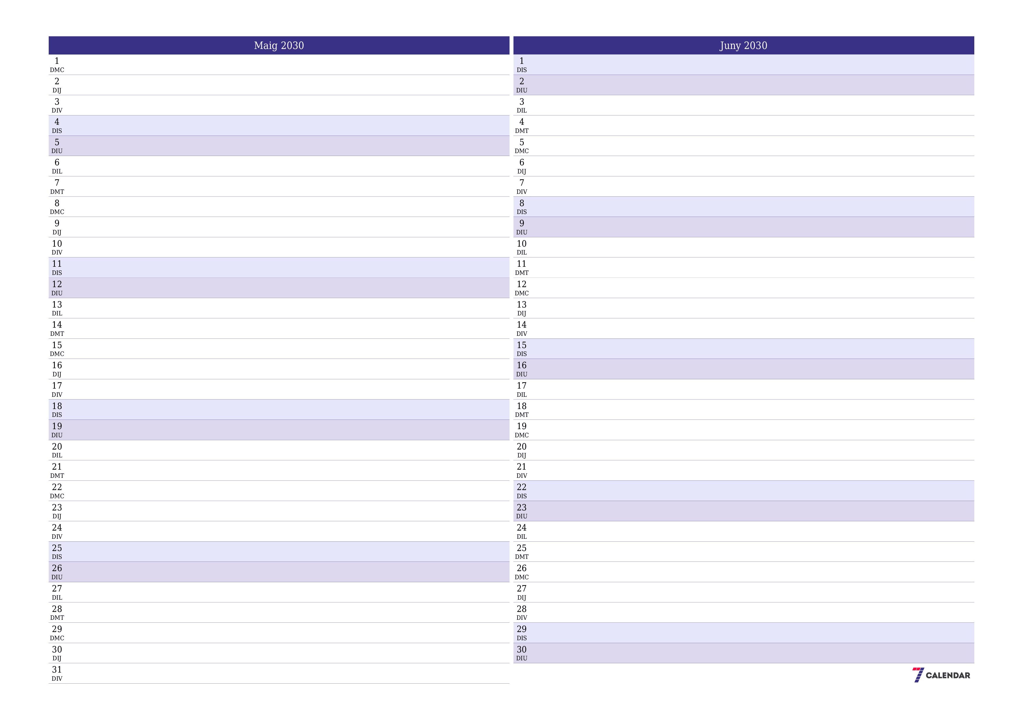 Planificador mensual buit del mes Maig 2030 amb notes, deseu-lo i imprimiu-lo en format PDF PNG Catalan