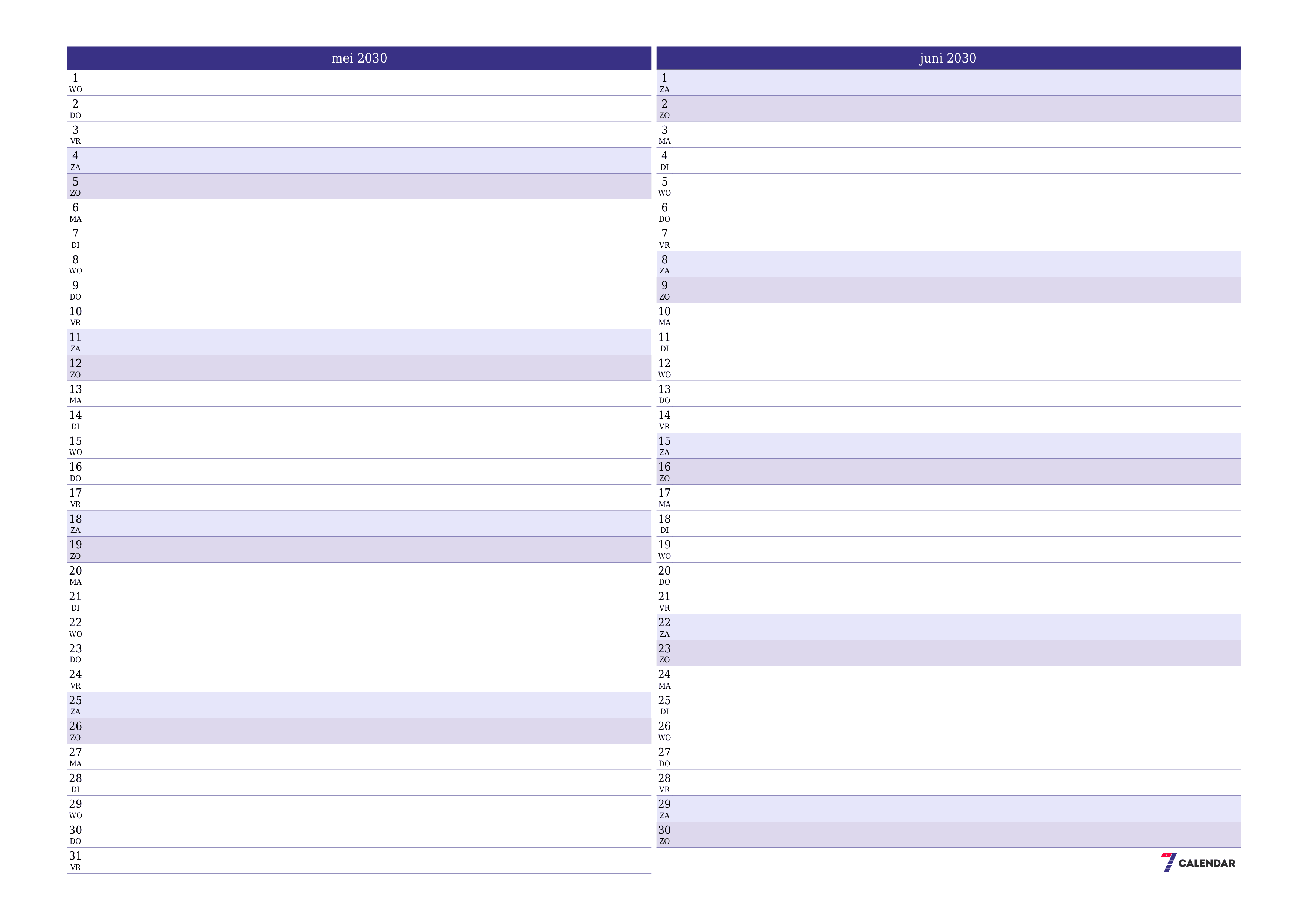 Lege maandplanner voor maand mei 2030 met notities, opslaan en afdrukken naar pdf PNG Dutch