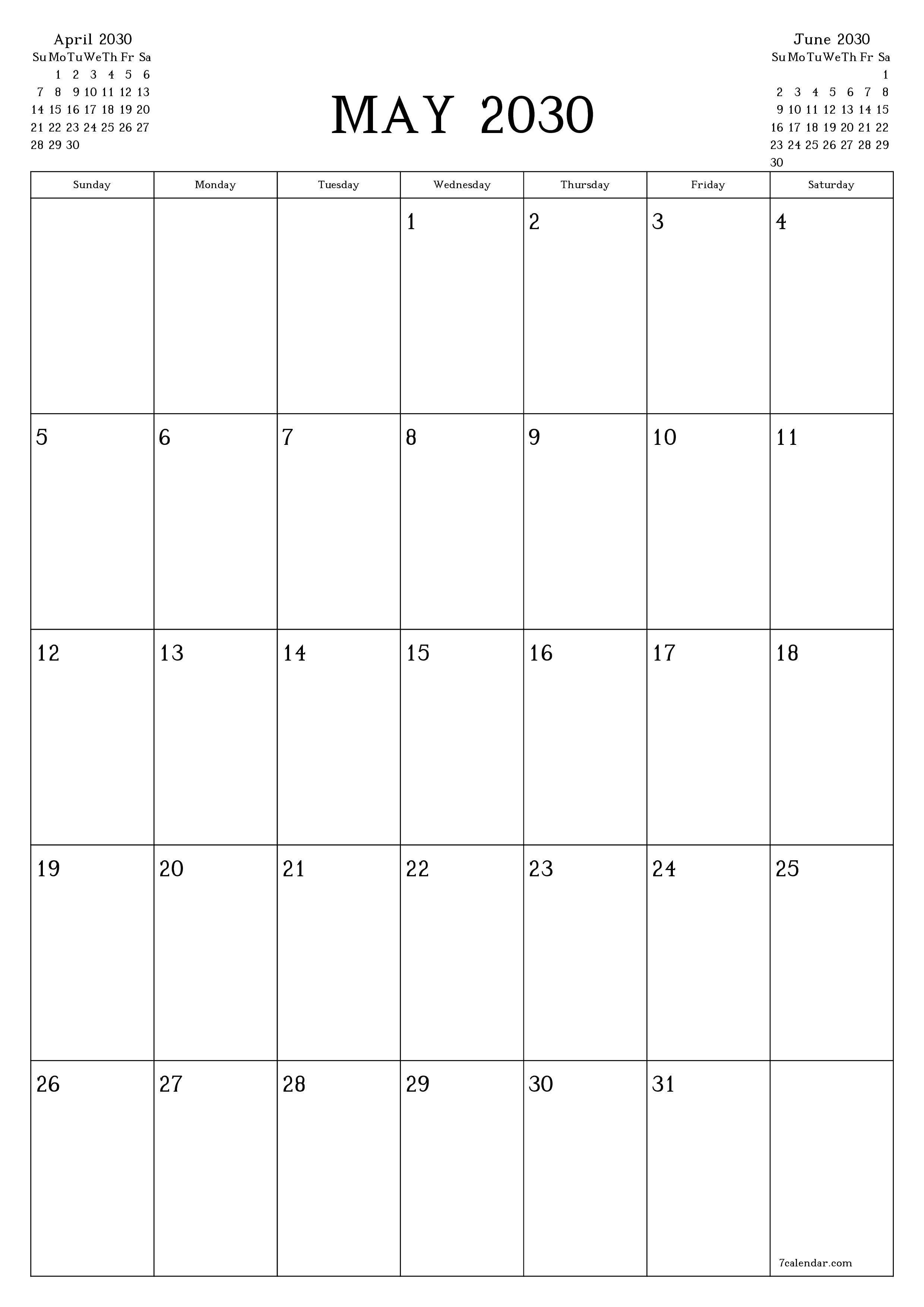 printable wall template free vertical Monthly planner calendar May (May) 2030