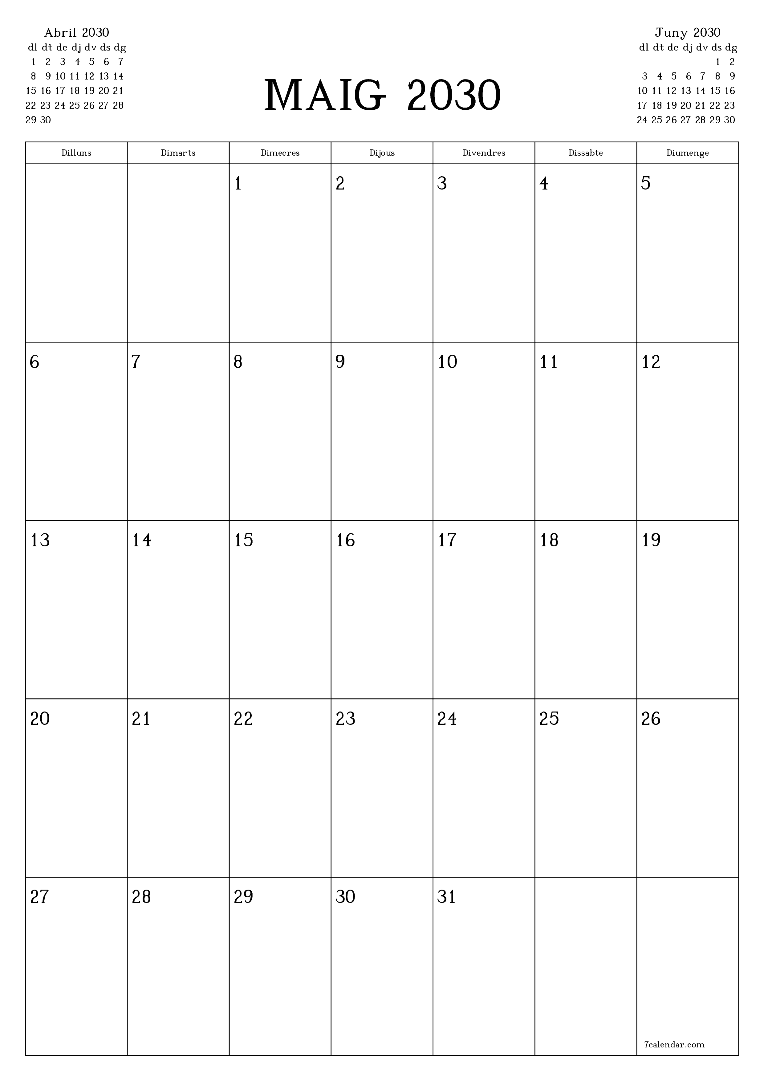  imprimible de paret plantilla de gratuïtvertical Mensual planificador calendari Maig (Mai) 2030