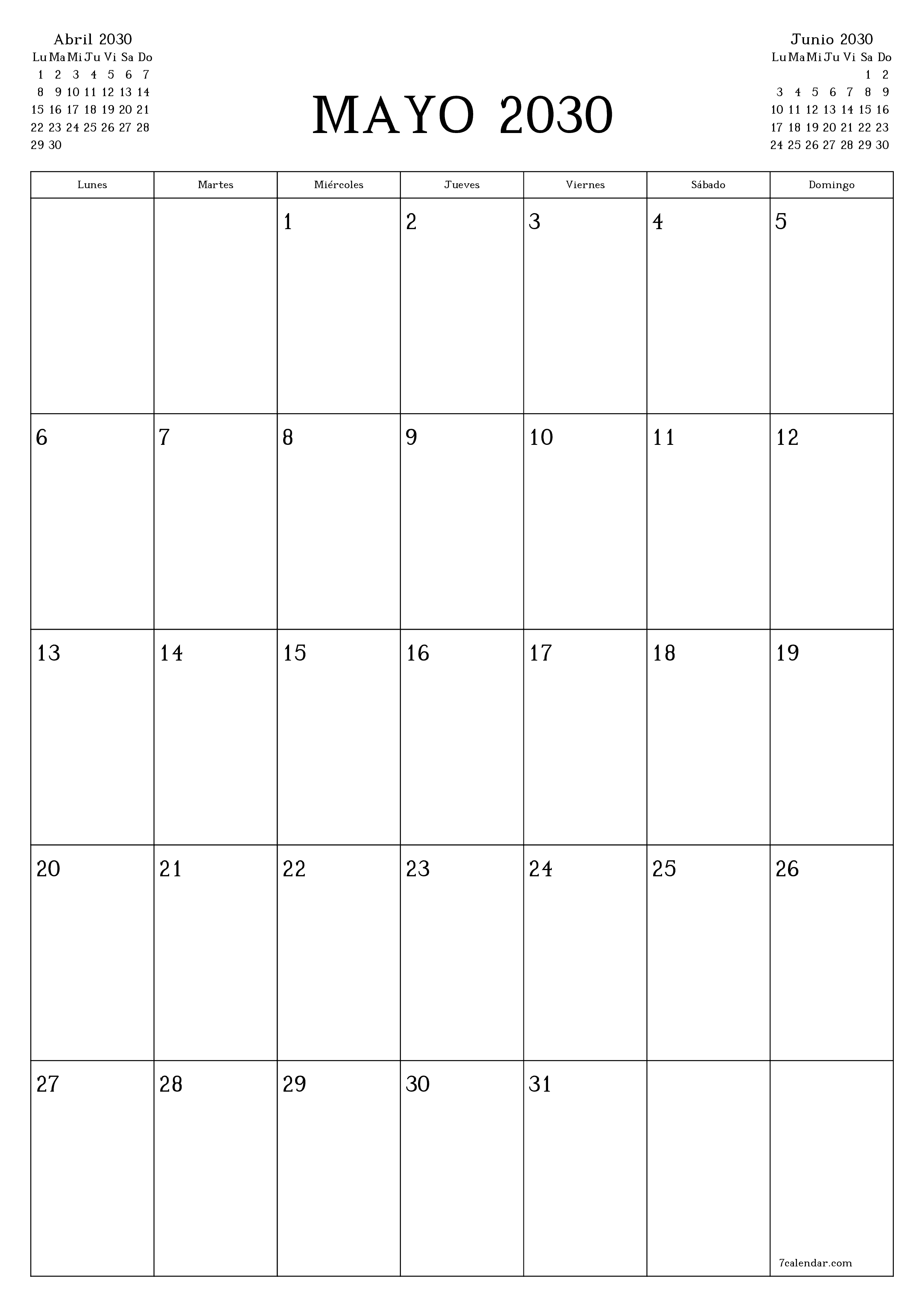  imprimible de pared plantilla de gratisvertical Mensual planificador calendario Mayo (May) 2030