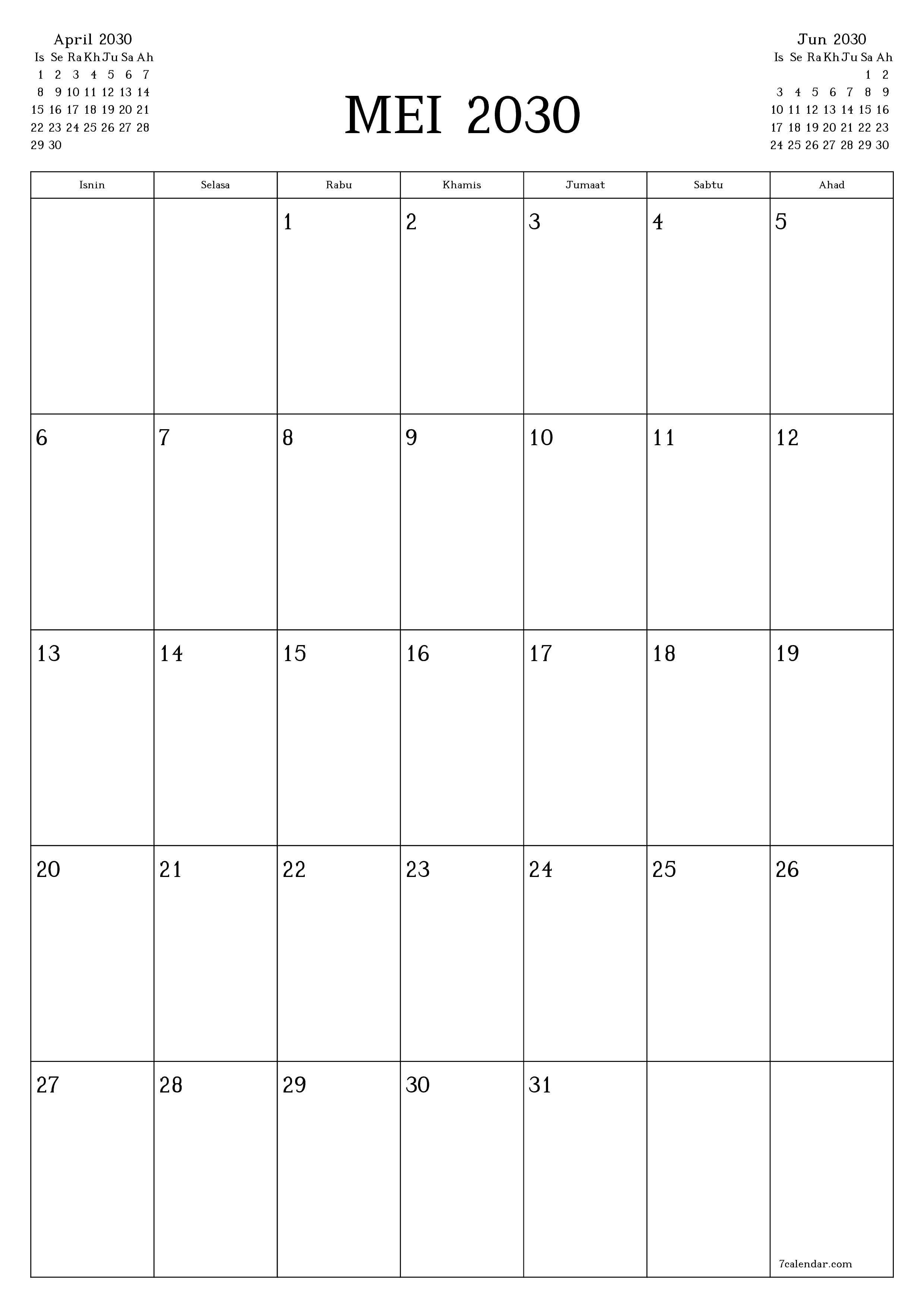  boleh cetak dinding templat percumamenegak Bulanan perancang kalendar Mei (Mei) 2030