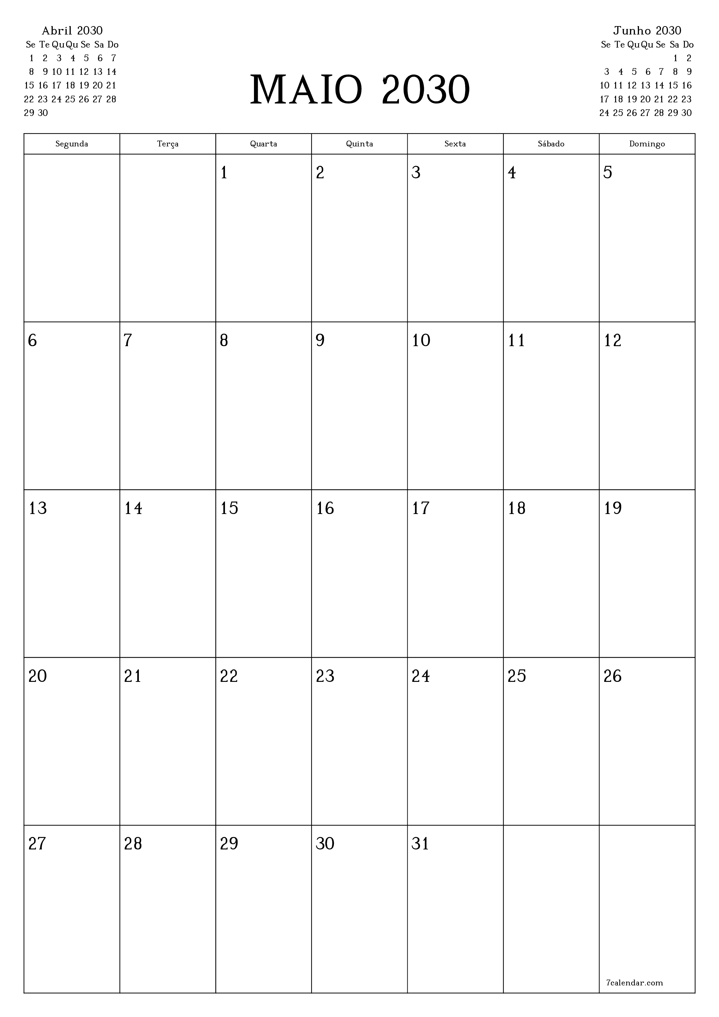  para impressão de parede modelo de grátisvertical Mensal planejador calendário Maio (Mai) 2030