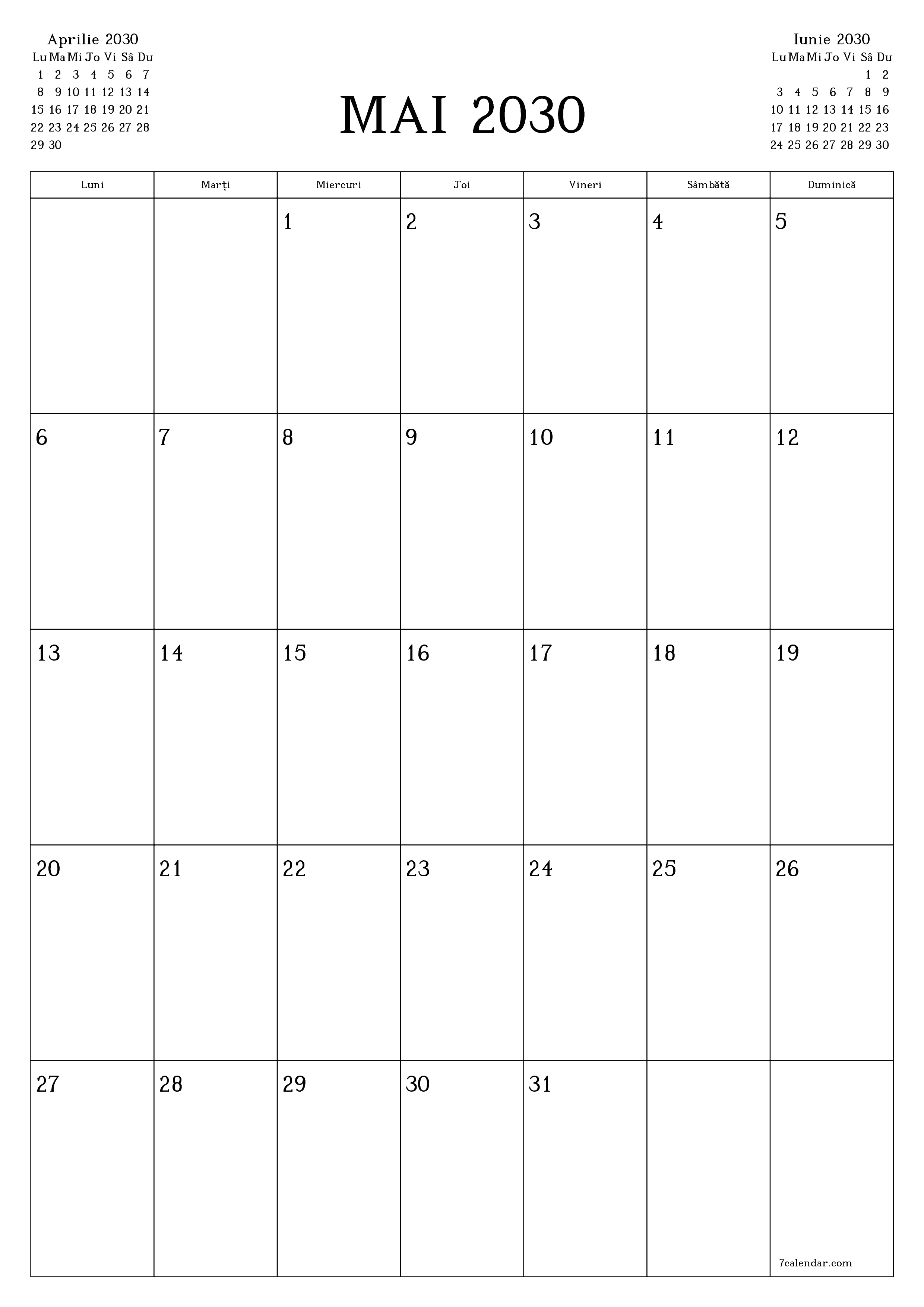 imprimabil de perete șablon de gratuitvertical Lunar planificator calendar Mai (Mai) 2030