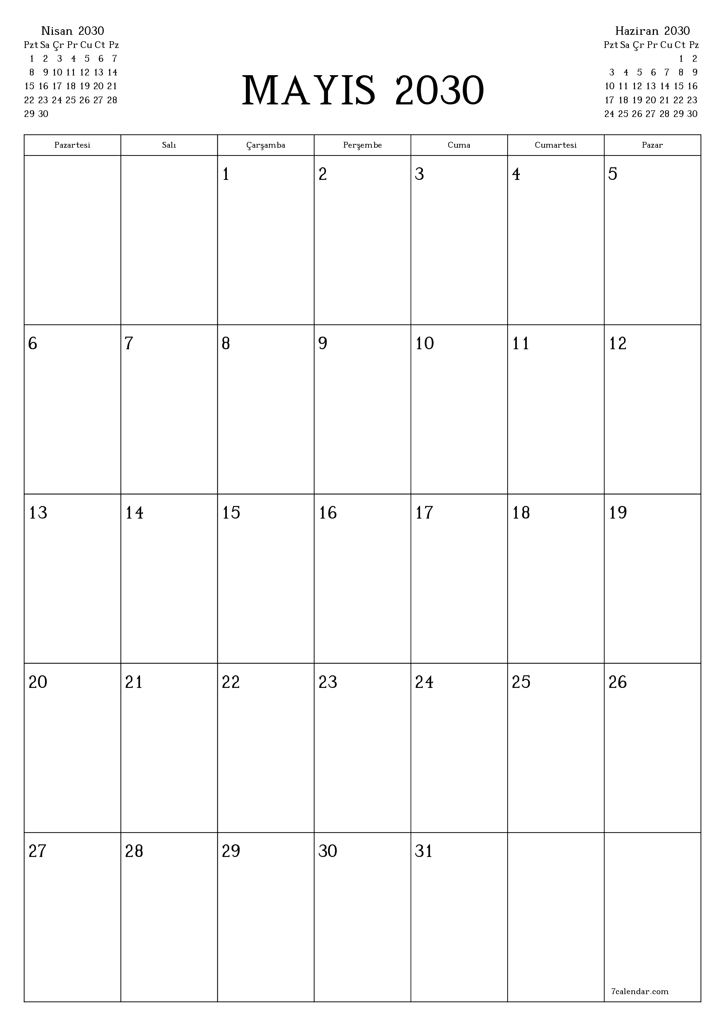 yazdırılabilir duvar i şablonu ücretsiz dikey Aylık planlayıcı takvim Mayıs (May) 2030