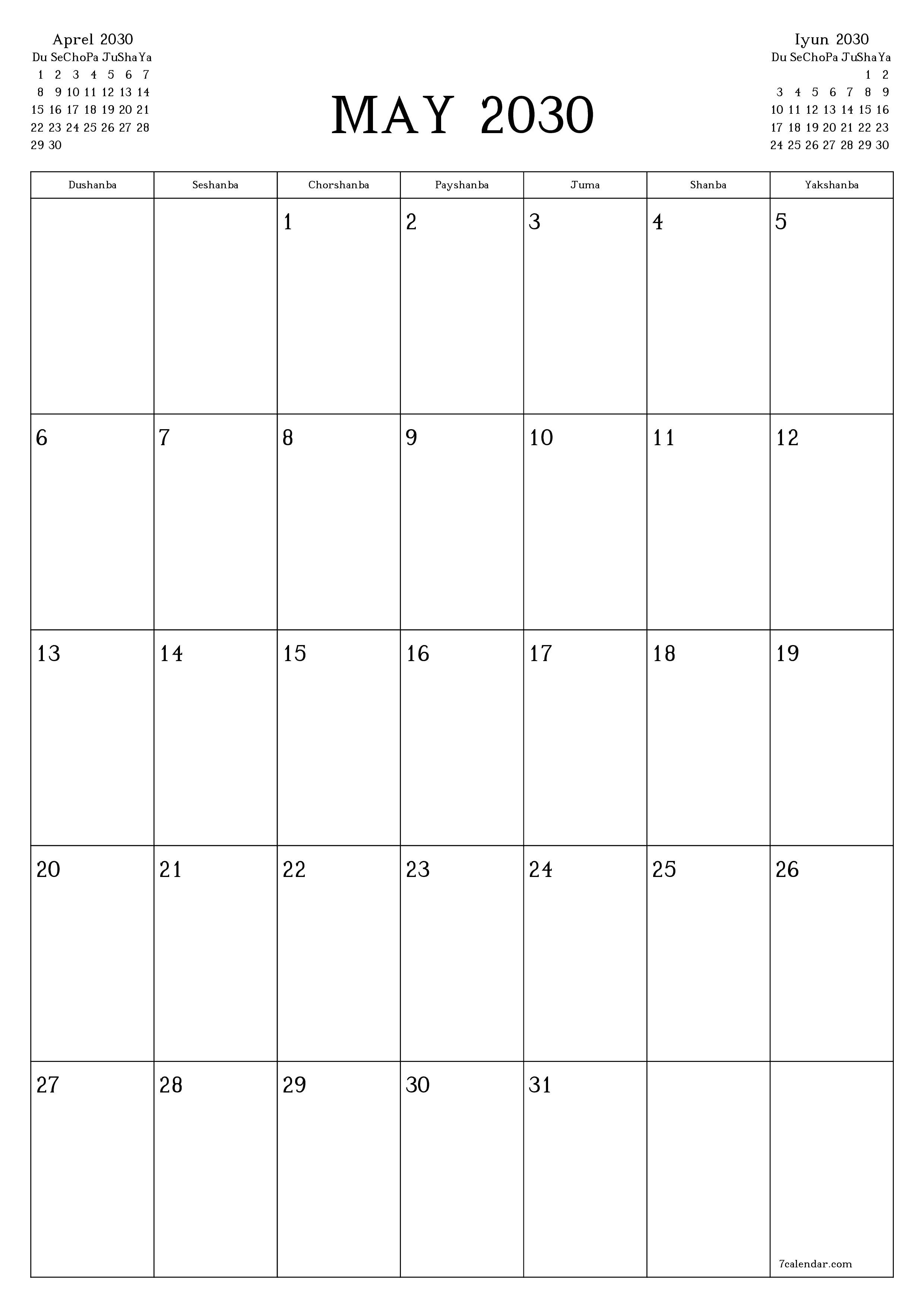 chop etiladigan devor taqvimi shabloni bepul vertikal Oylik rejalashtiruvchi kalendar May (May) 2030