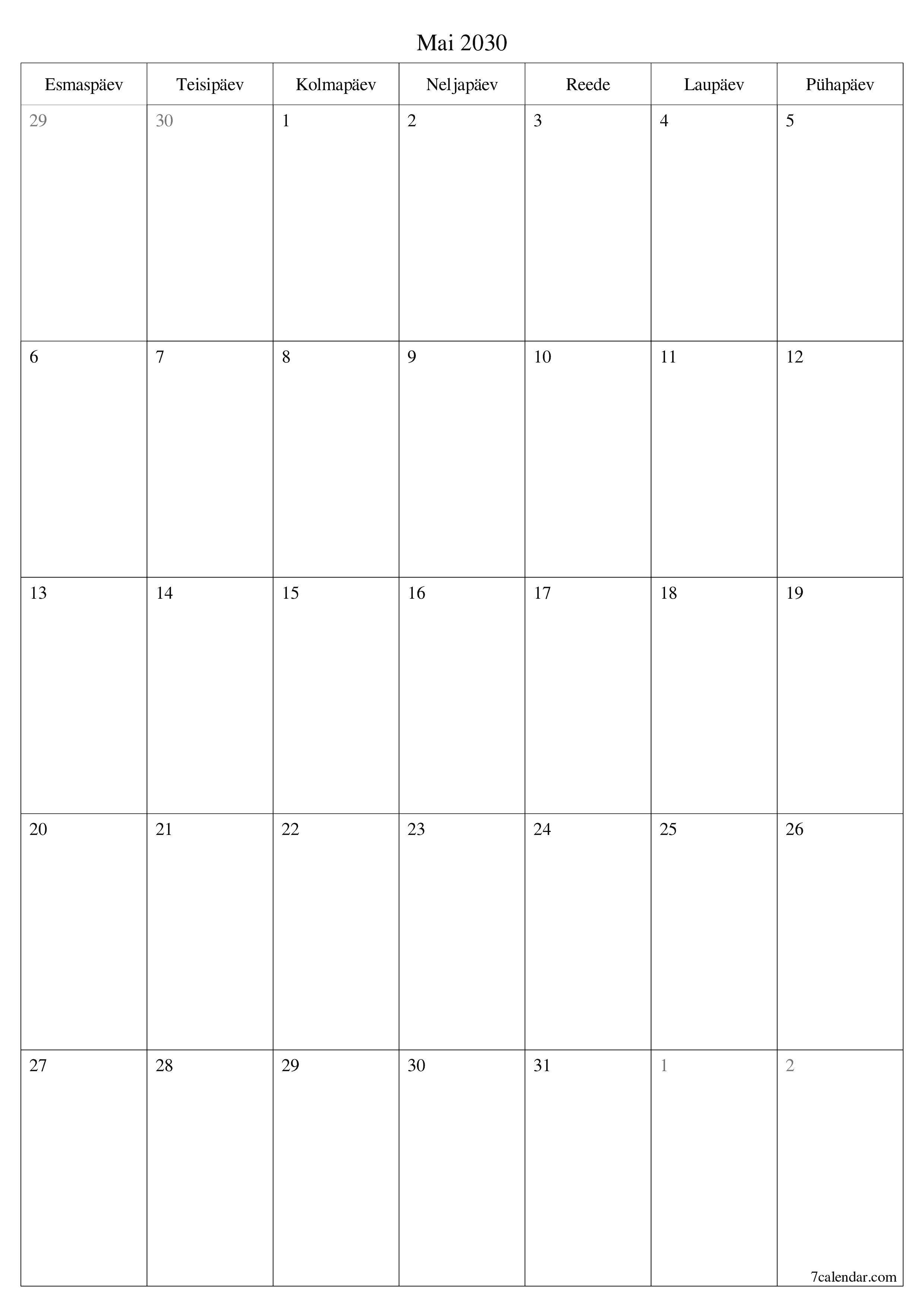 prinditav seina kalendri mall tasuta vertikaalne Igakuine planeerija kalender Mai (Mai) 2030