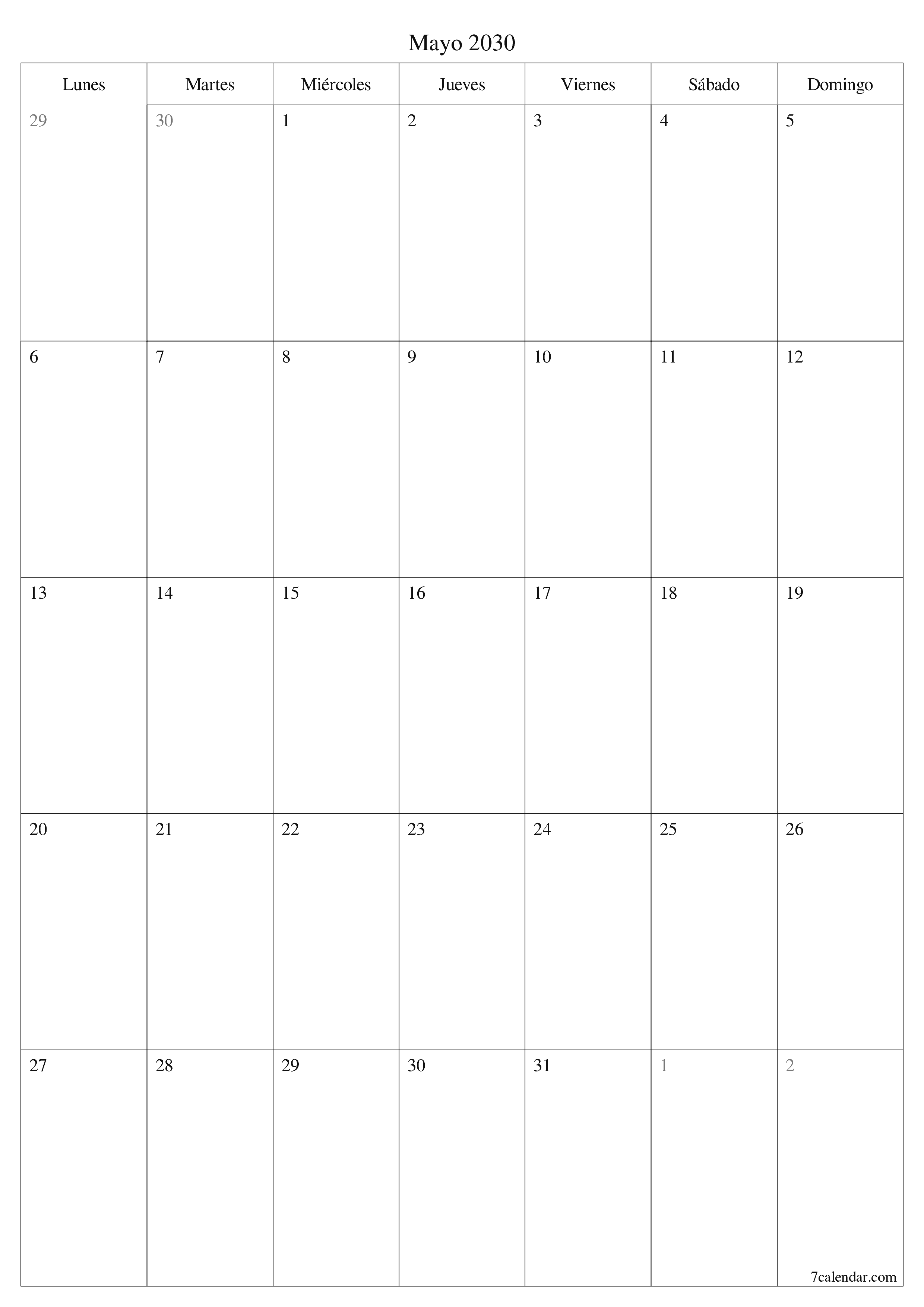  imprimible de pared plantilla de gratisvertical Mensual planificador calendario Mayo (May) 2030