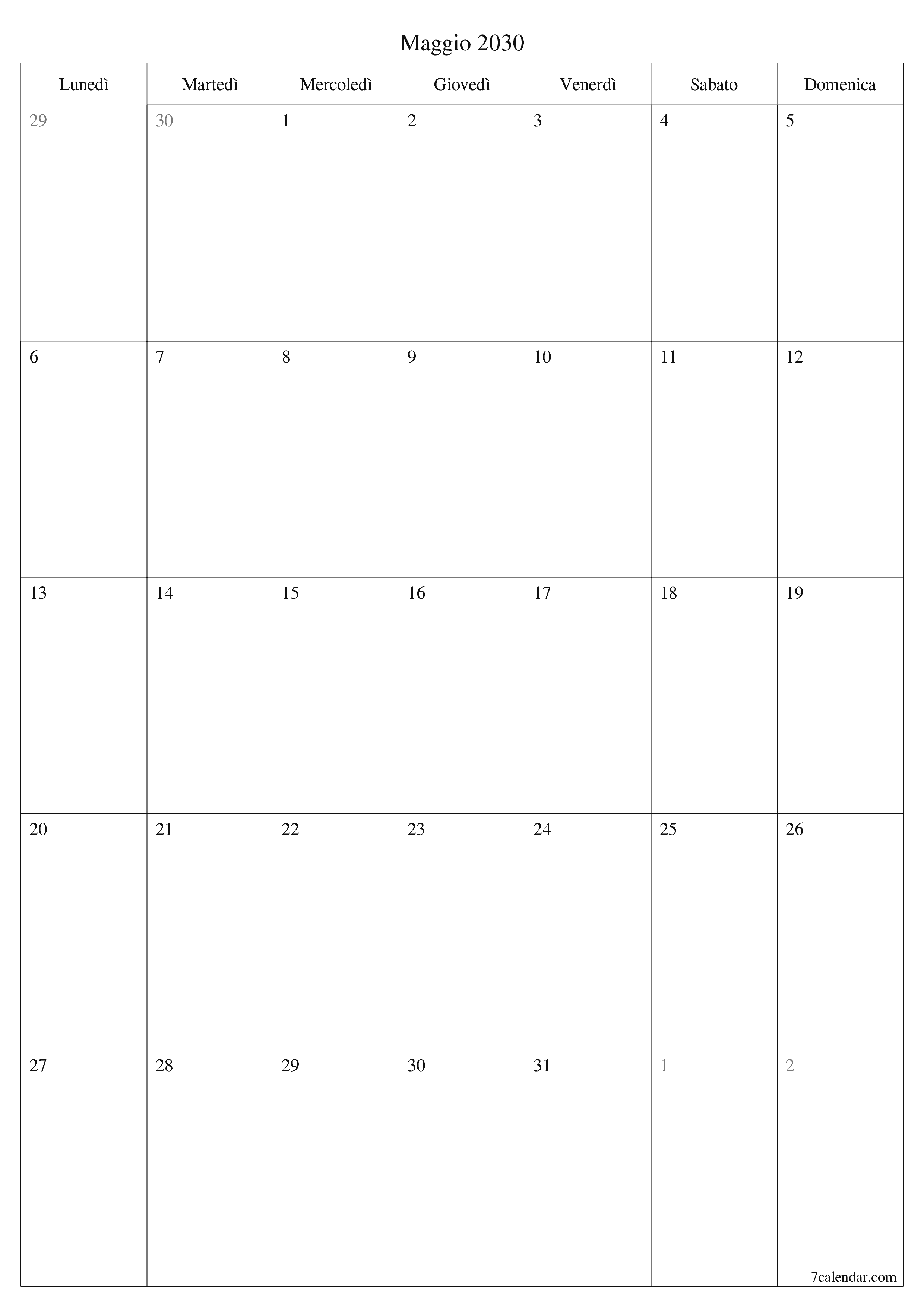  stampabile da parete modello di gratuitoverticale Mensile pianificatore calendario Maggio (Mag) 2030