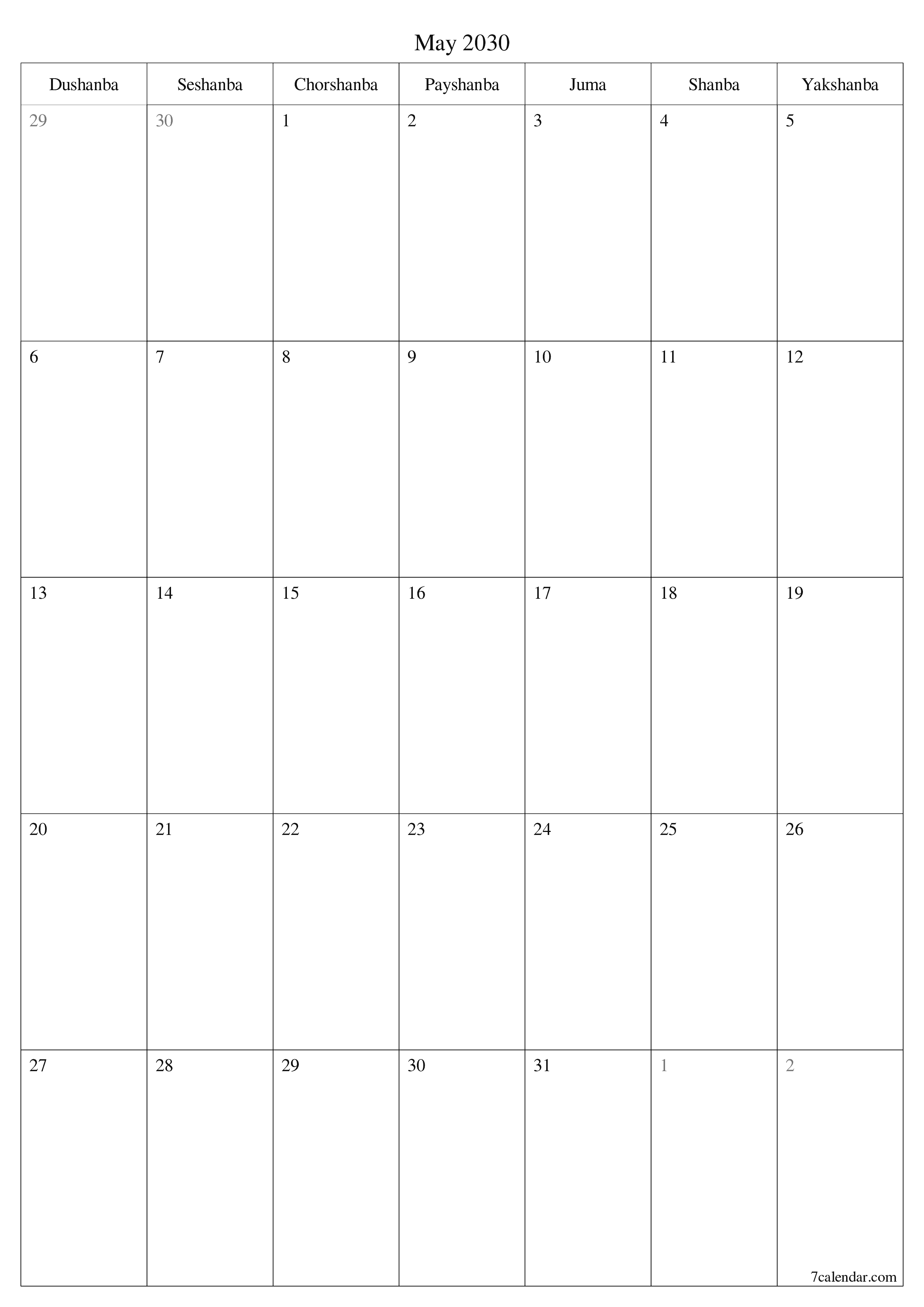 chop etiladigan devor taqvimi shabloni bepul vertikal Oylik rejalashtiruvchi kalendar May (May) 2030