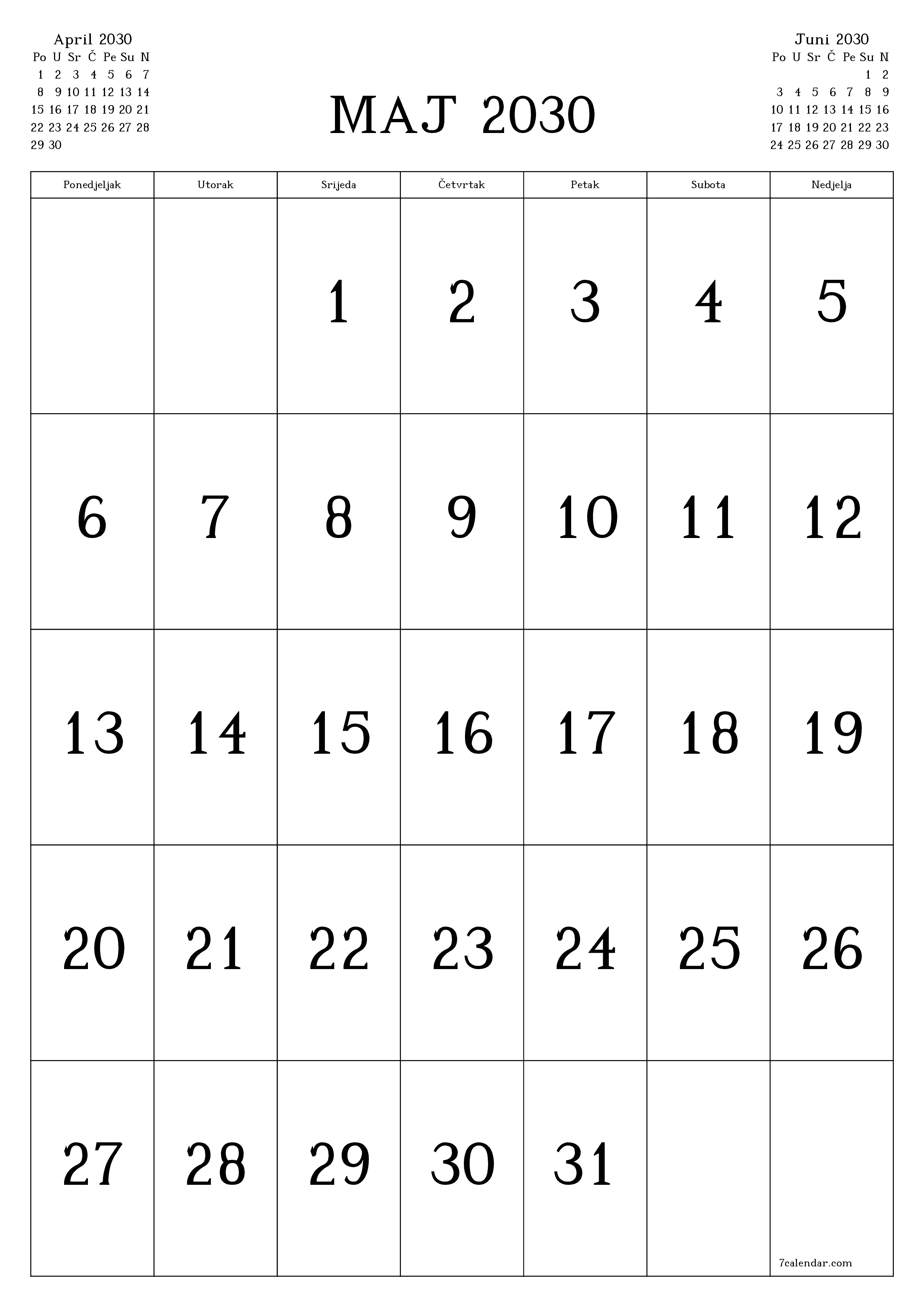  za štampanje zidni šablon a besplatni vertikalno Mjesečno kalendar Maj (Maj) 2030