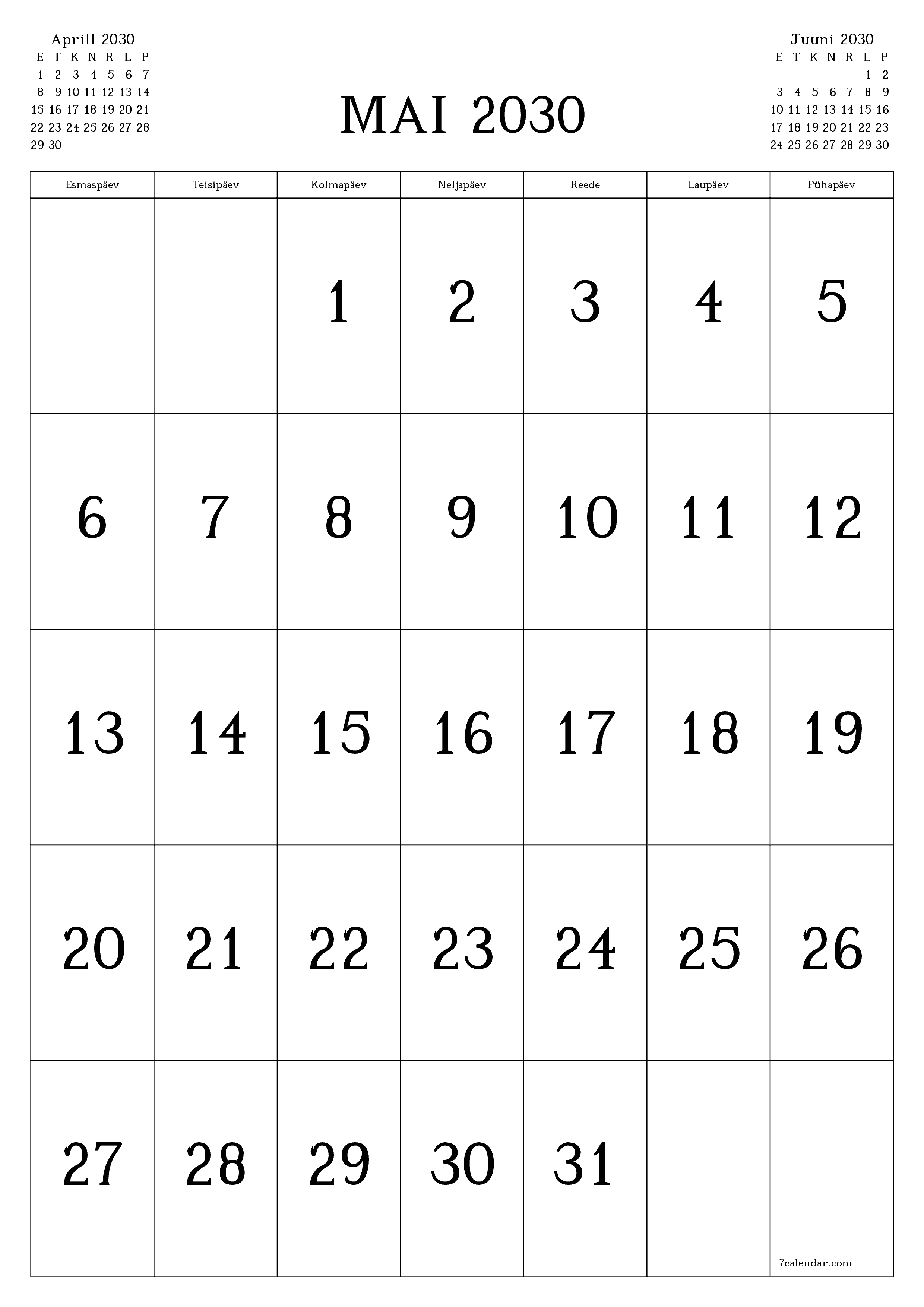 prinditav seina kalendri mall tasuta vertikaalne Igakuine kalender Mai (Mai) 2030