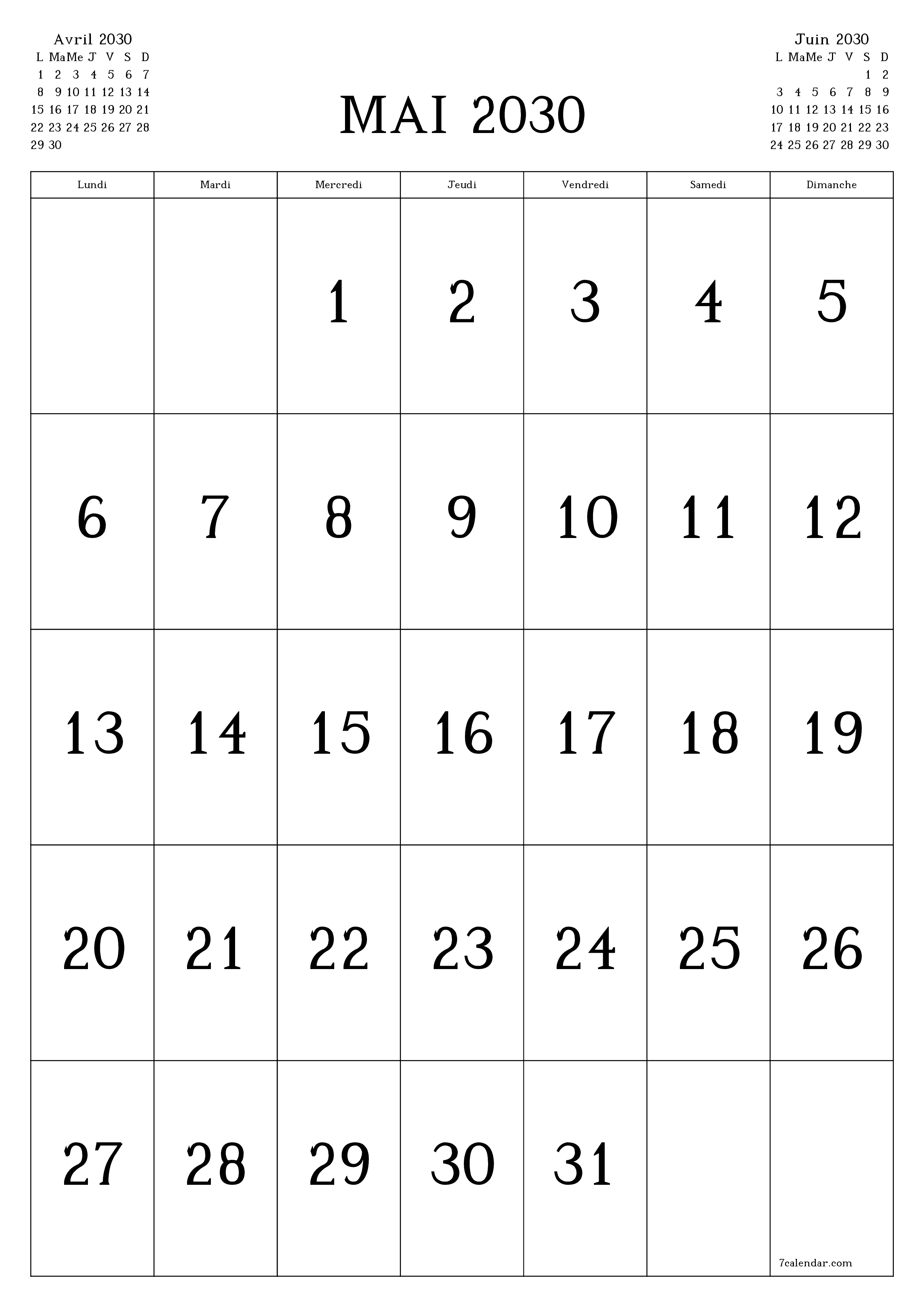  imprimable mural modèle de gratuitverticale Mensuel calendrier Mai (Mai) 2030