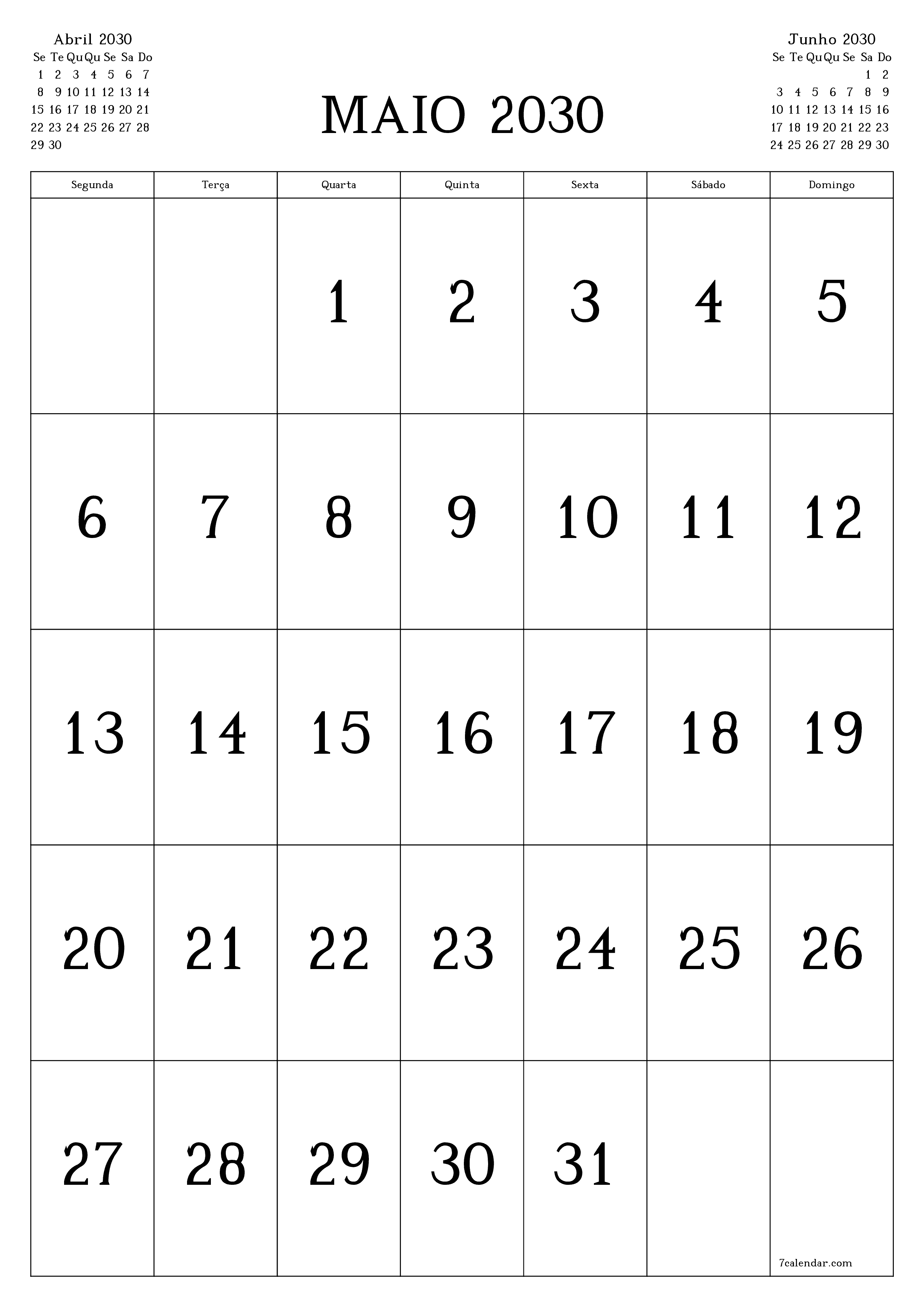  para impressão de parede modelo de grátisvertical Mensal calendário Maio (Mai) 2030