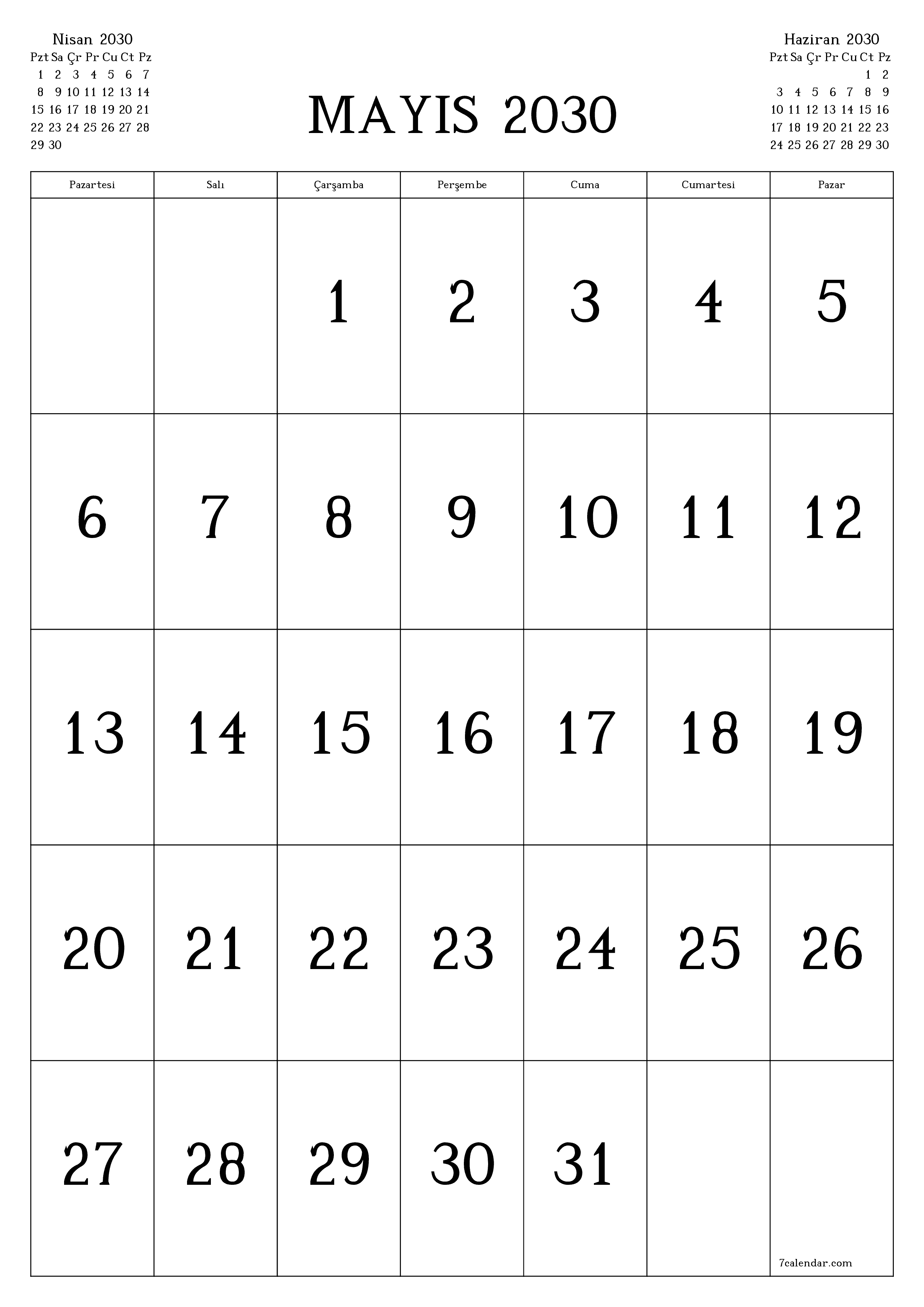 yazdırılabilir duvar i şablonu ücretsiz dikey Aylık takvim Mayıs (May) 2030