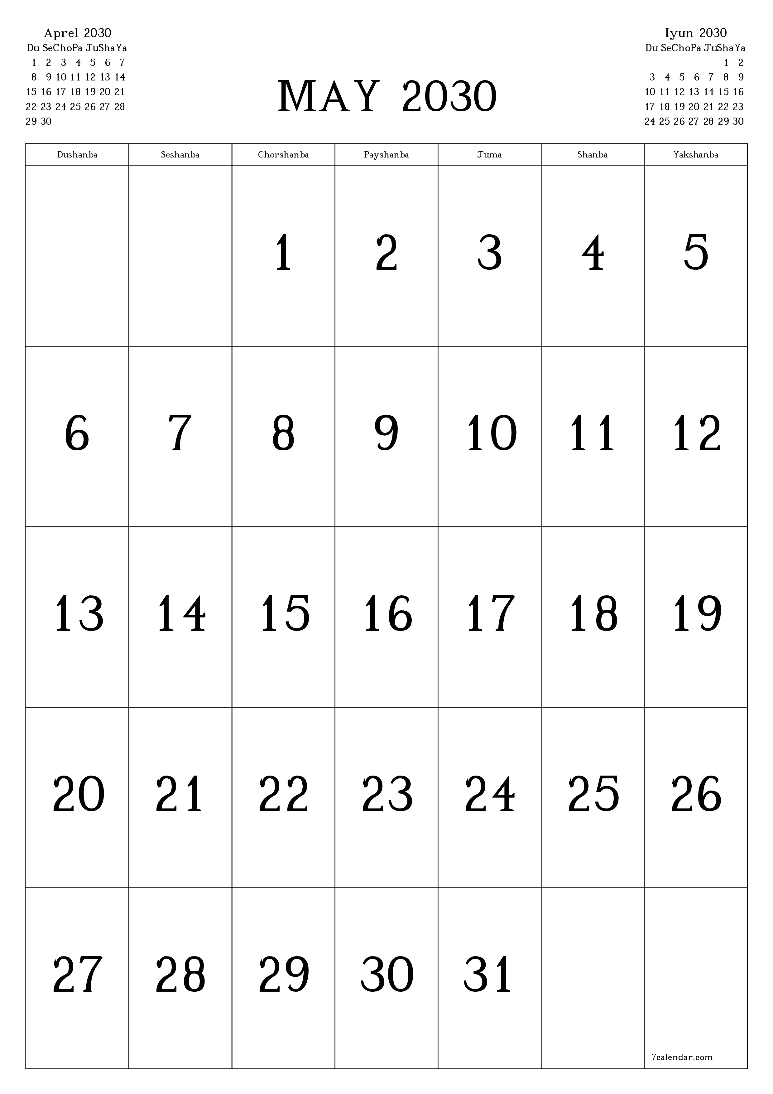 chop etiladigan devor taqvimi shabloni bepul vertikal Oylik kalendar May (May) 2030