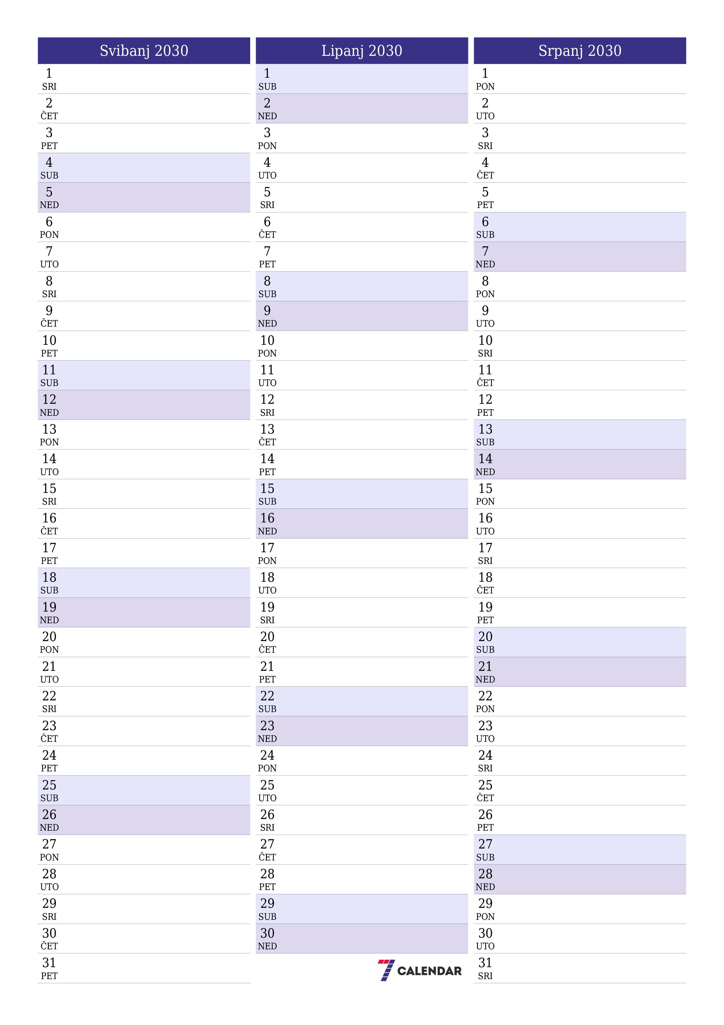  za ispis zidni predložak a besplatni okomito Mjesečni planer kalendar Svibanj (Svi) 2030
