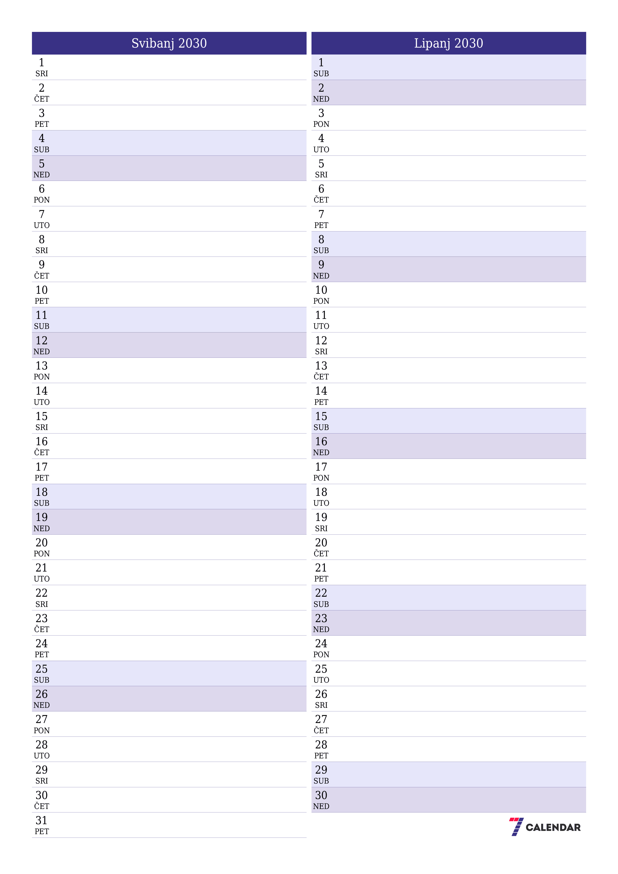  za ispis zidni predložak a besplatni okomito Mjesečni planer kalendar Svibanj (Svi) 2030
