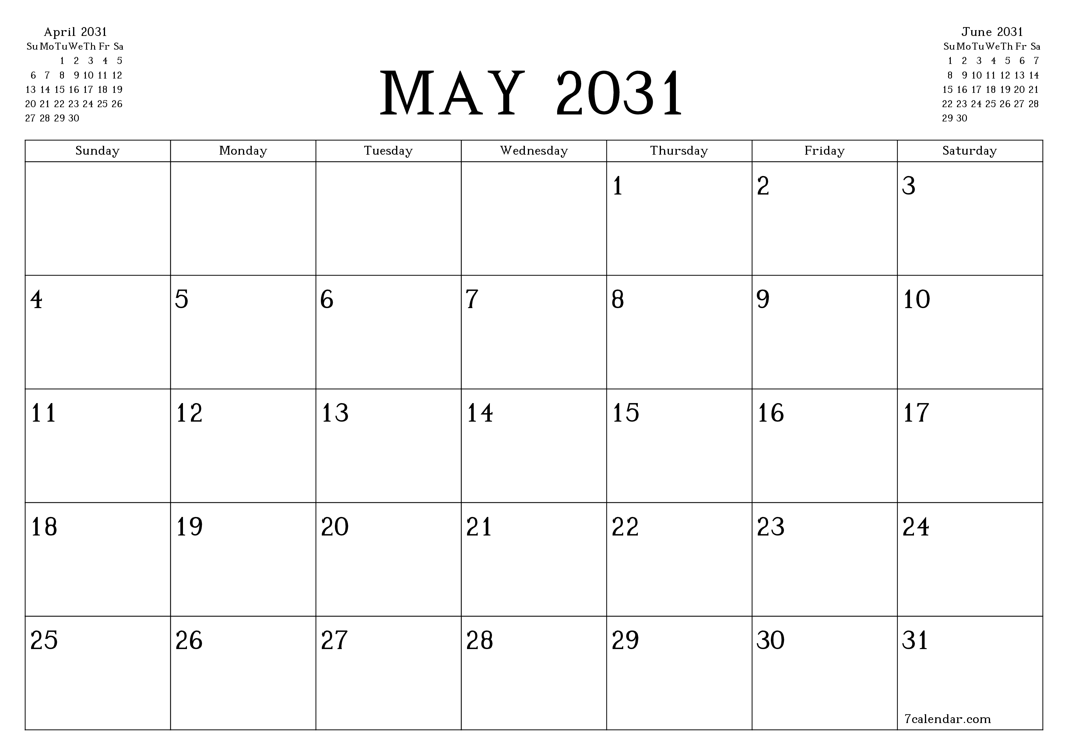 Blank calendar May 2031