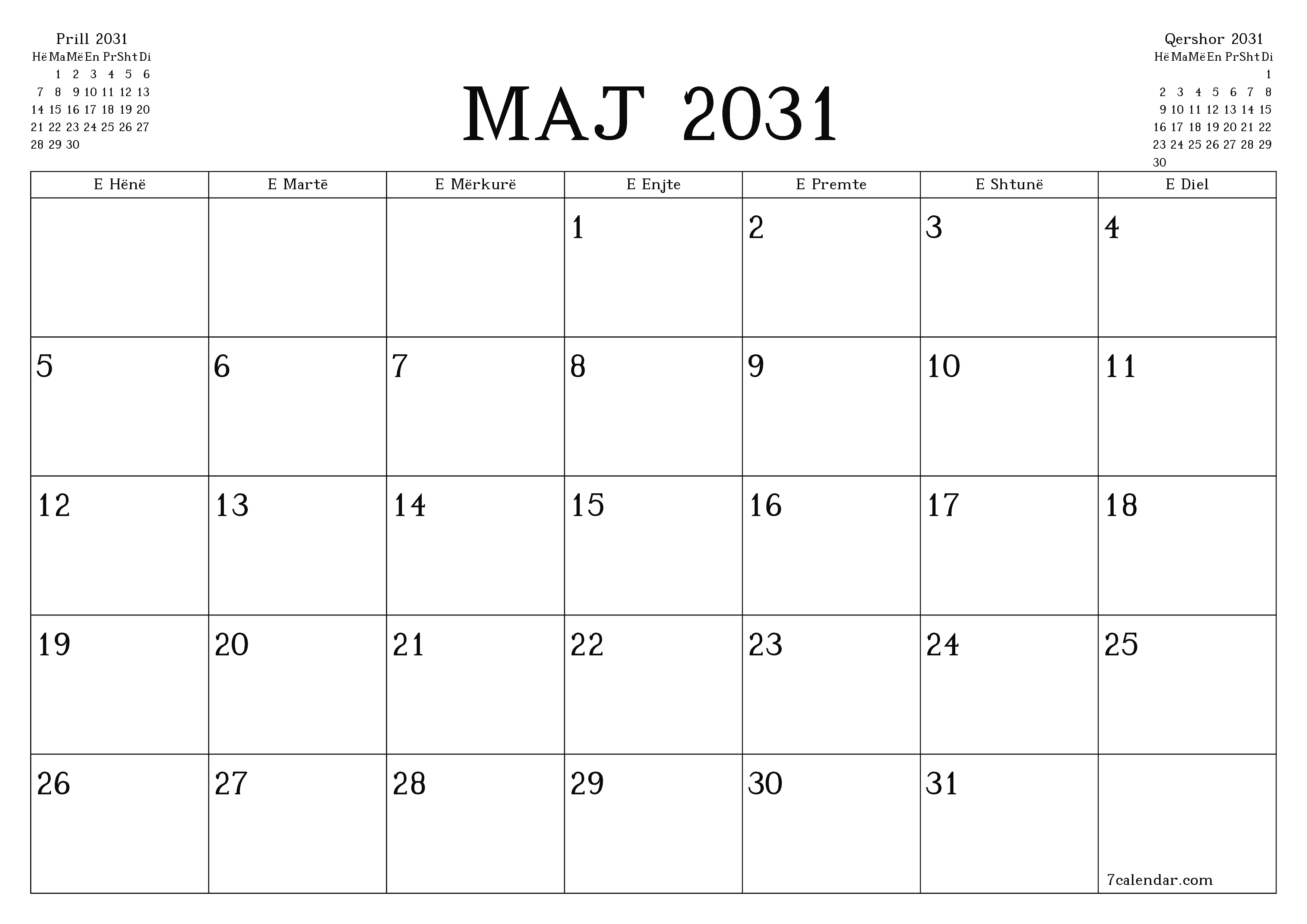 Planifikuesi i zbrazët i kalendarit mujor për muajin Maj 2031 me shënime të ruajtura dhe të printuara në PDF PNG Albanian