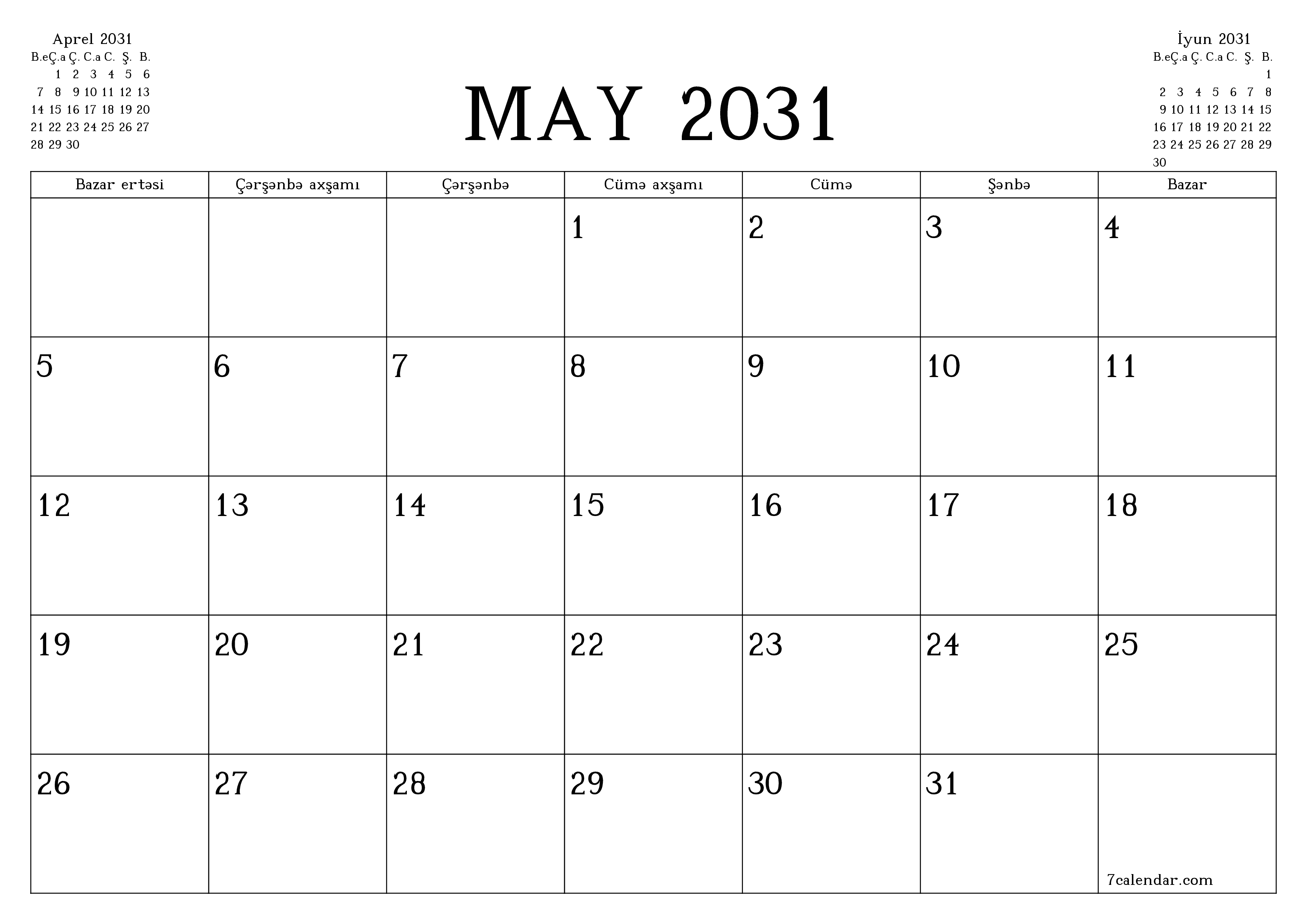 May 2031 ayı üçün qeydlər ilə boş aylıq planlayıcı, qeyd edin və PDF-ə yazdırın PNG Azerbaijani