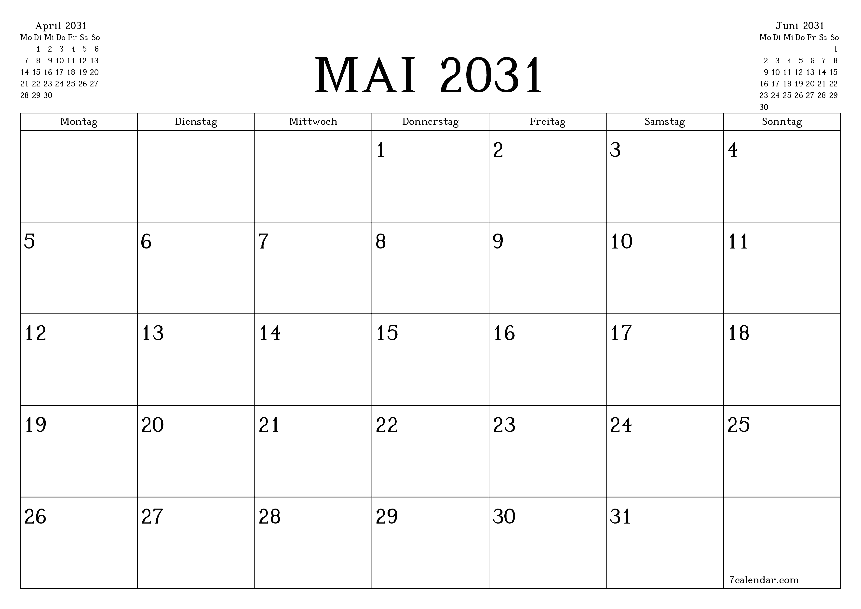 Monatsplaner für Monat Mai 2031 mit Notizen leeren, speichern und als PDF PNG German - 7calendar.com drucken