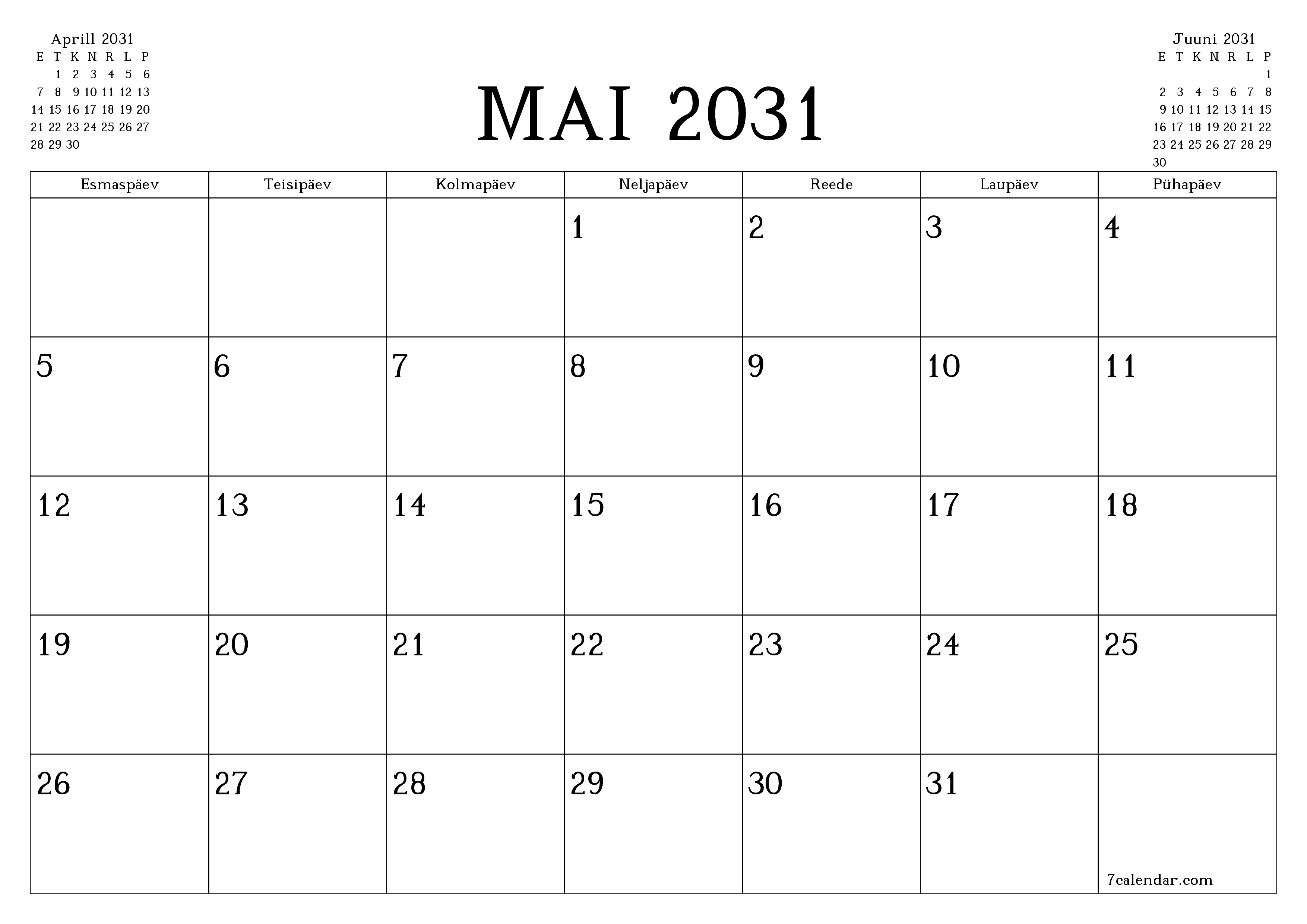 Tühjendage kuu Mai 2031 kuuplaneerija märkmetega, salvestage ja printige PDF-i PNG Estonian