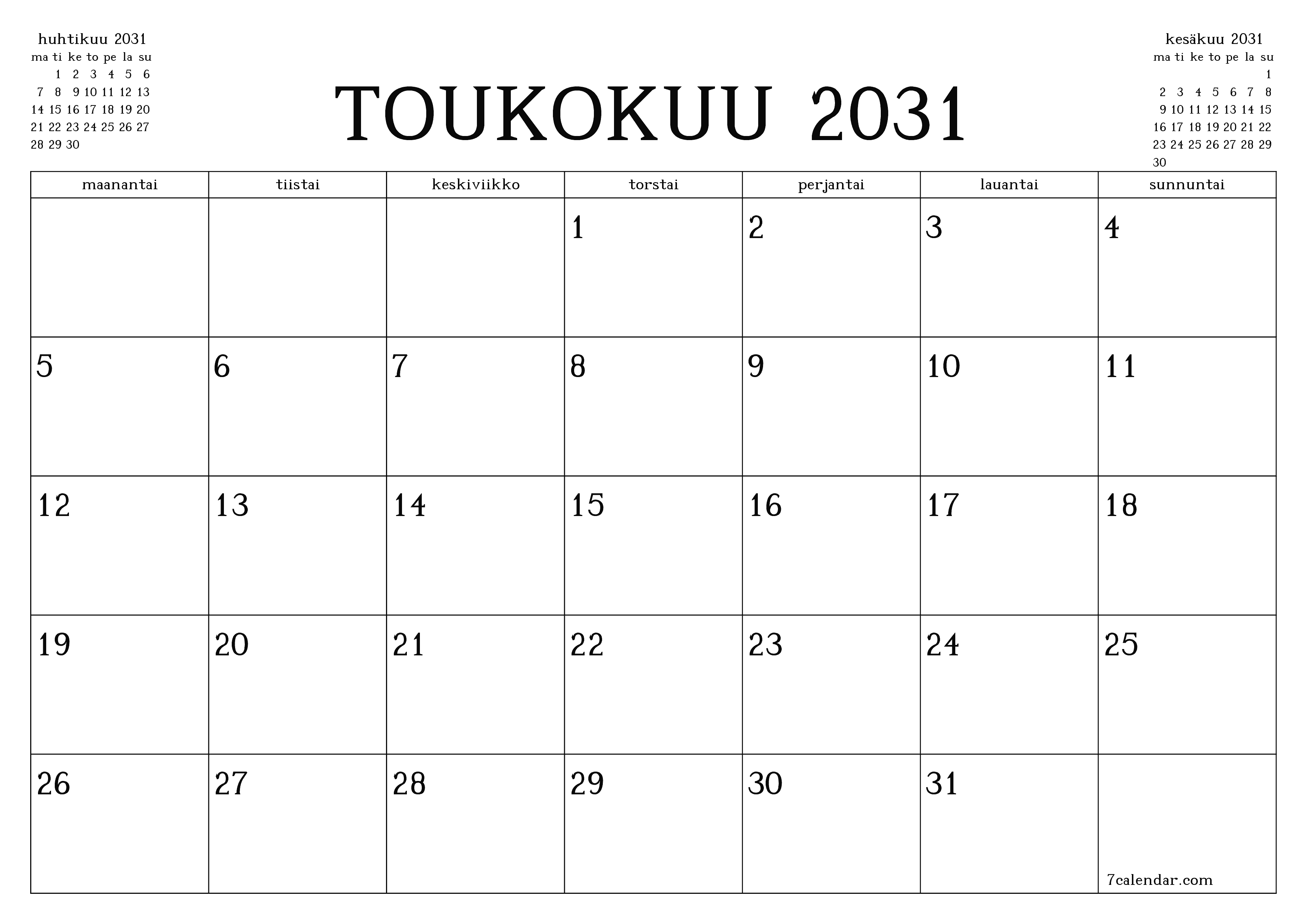 Tyhjennä kuukausittainen suunnittelija kuukaudelle Toukokuu 2031 muistiinpanoilla, tallenna ja tulosta PDF-muotoon PNG Finnish