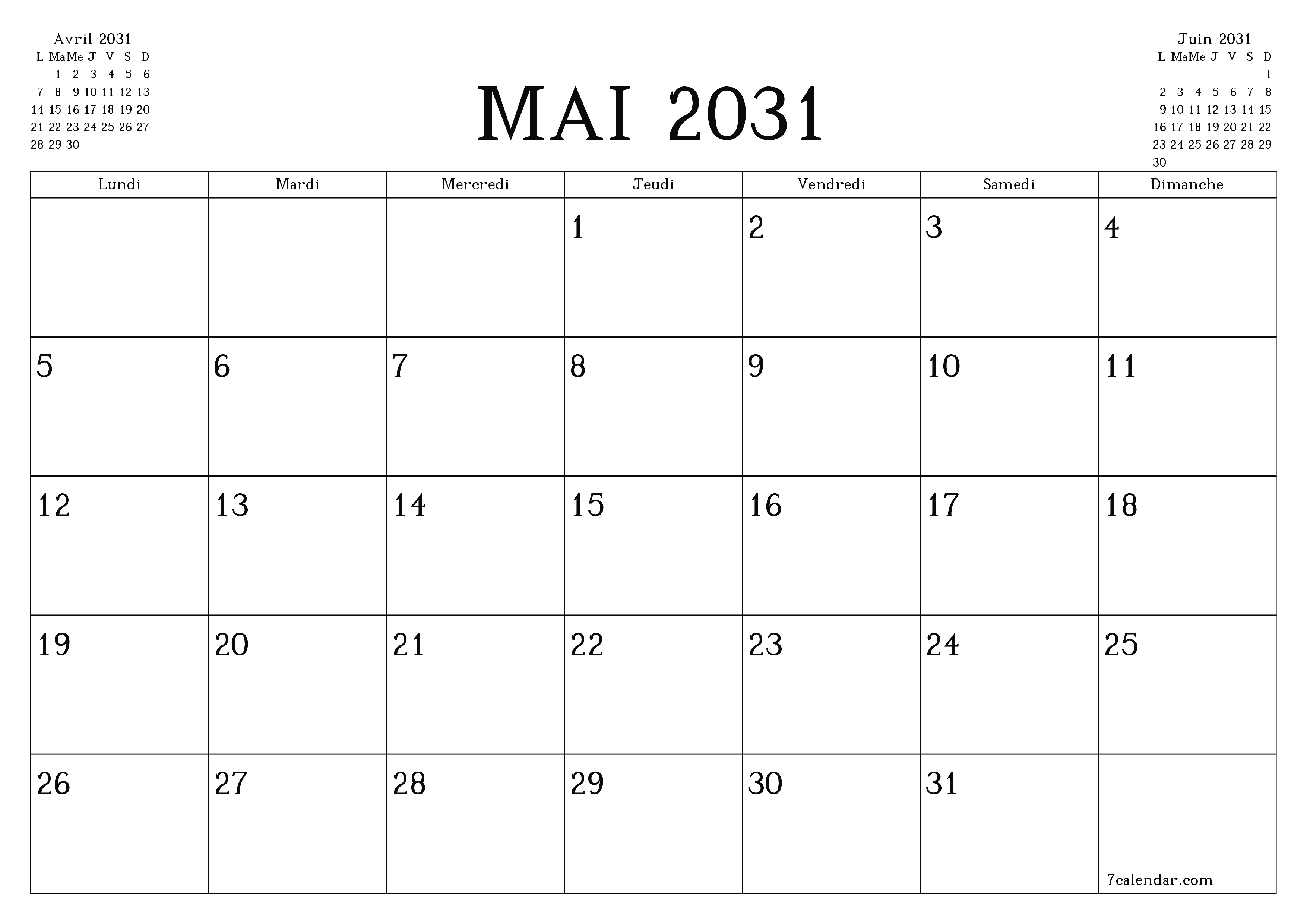 Agenda mensuel vide pour le mois Mai 2031 avec notes, enregistrez et imprimez au format PDF PNG French