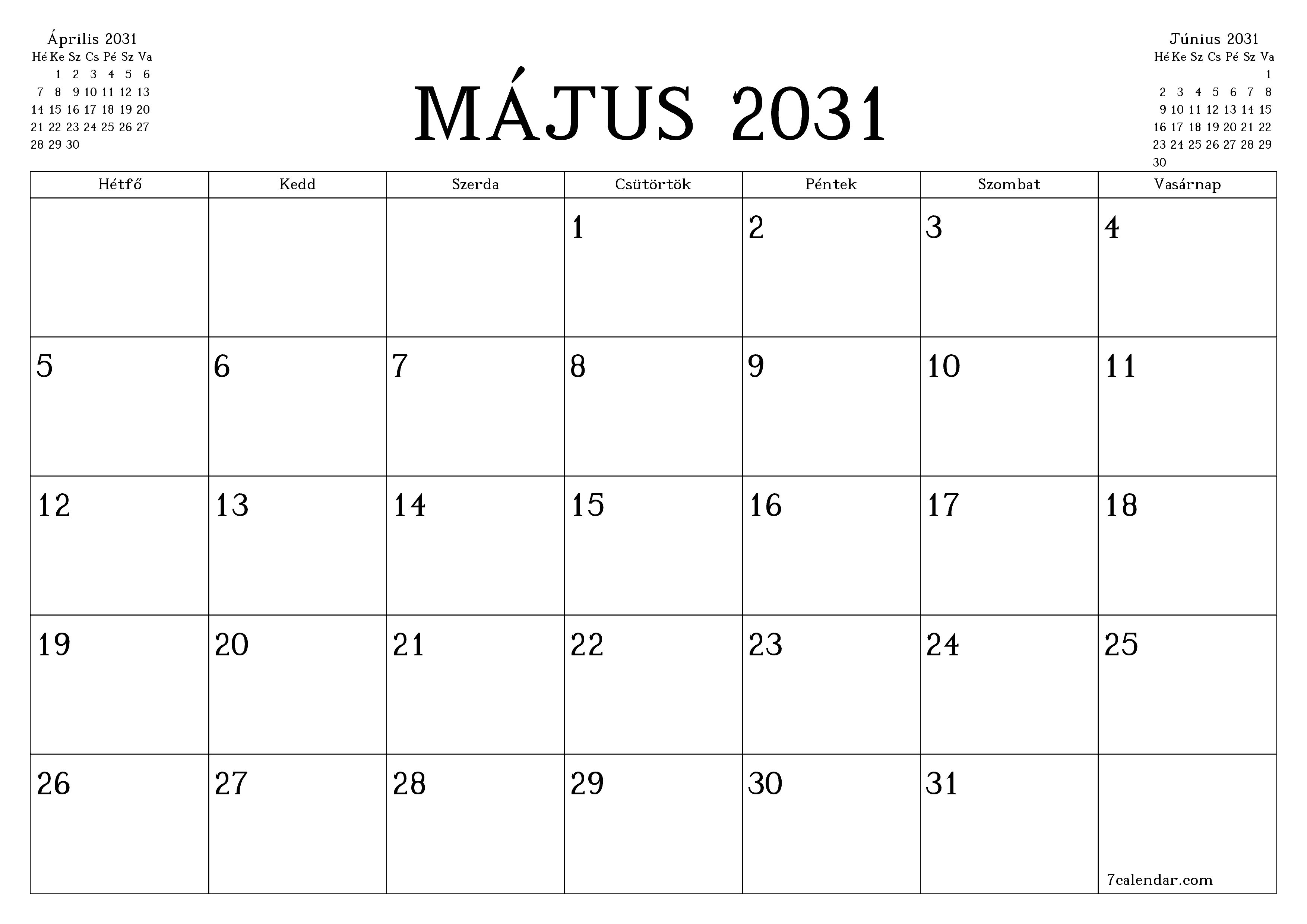Üres havi tervező a Május 2031 hónapra jegyzetekkel, mentés és nyomtatás PDF-be PNG Hungarian