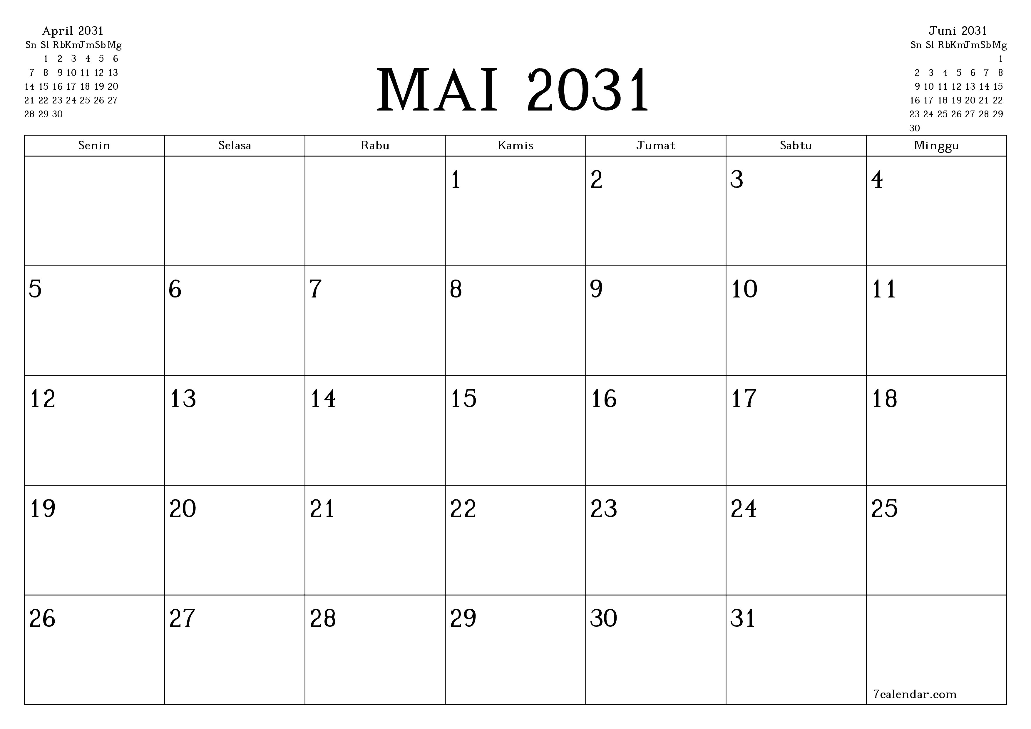 Kosongkan agenda bulanan untuk bulan Mai 2031 dengan catatan, simpan dan cetak ke PDF PNG Indonesian