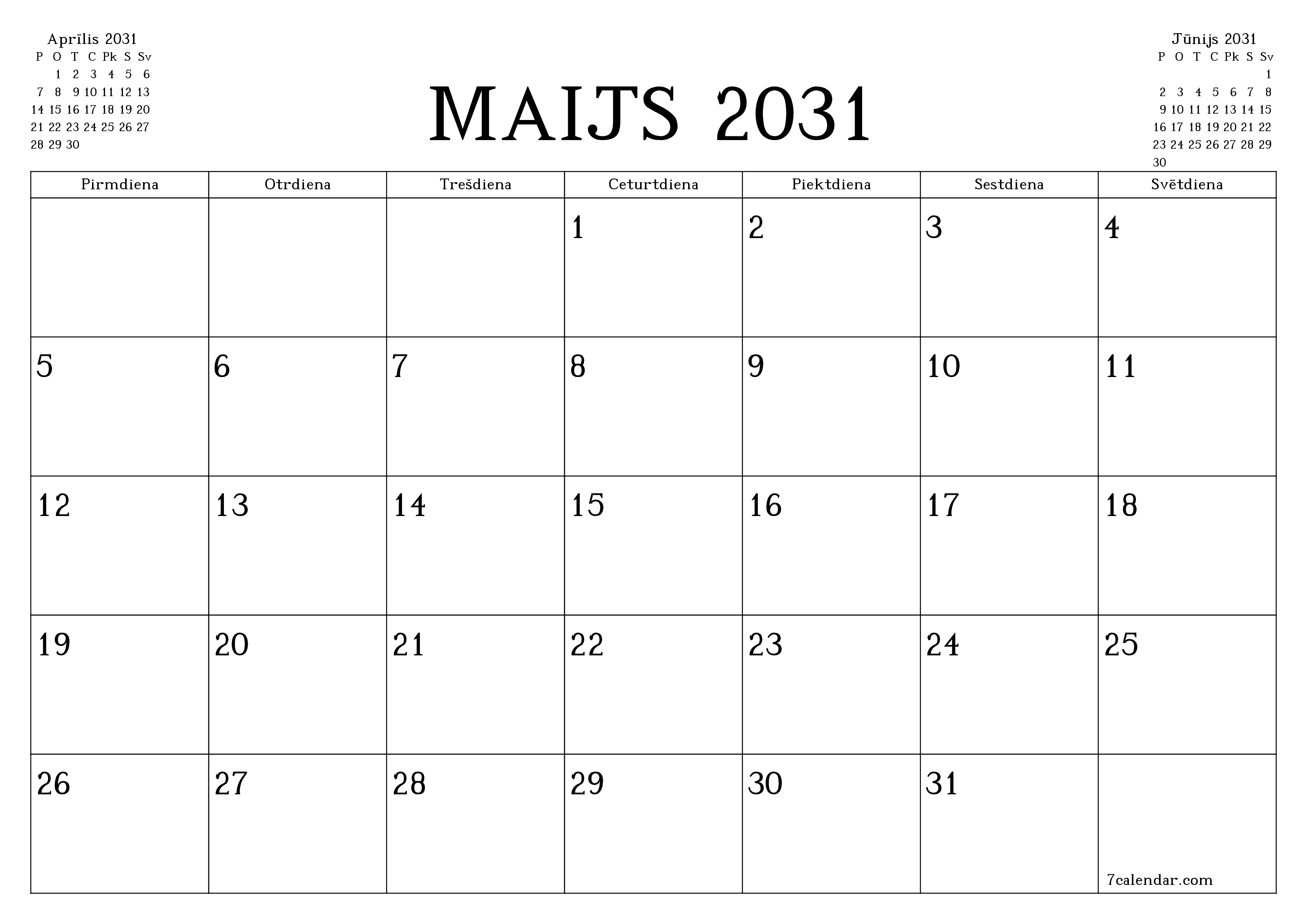 Iztukšot mēneša plānotāju mēnesim Maijs 2031 ar piezīmēm, saglabāt un izdrukāt PDF formātā PNG Latvian