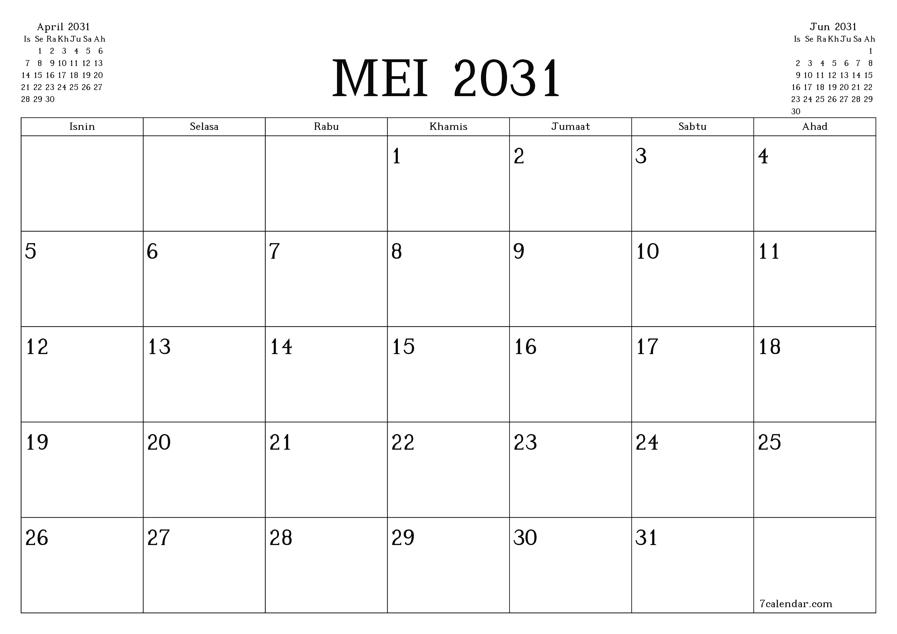 Perancang bulanan kosong untuk bulan Mei 2031 dengan nota, simpan dan cetak ke PDF PNG Malay