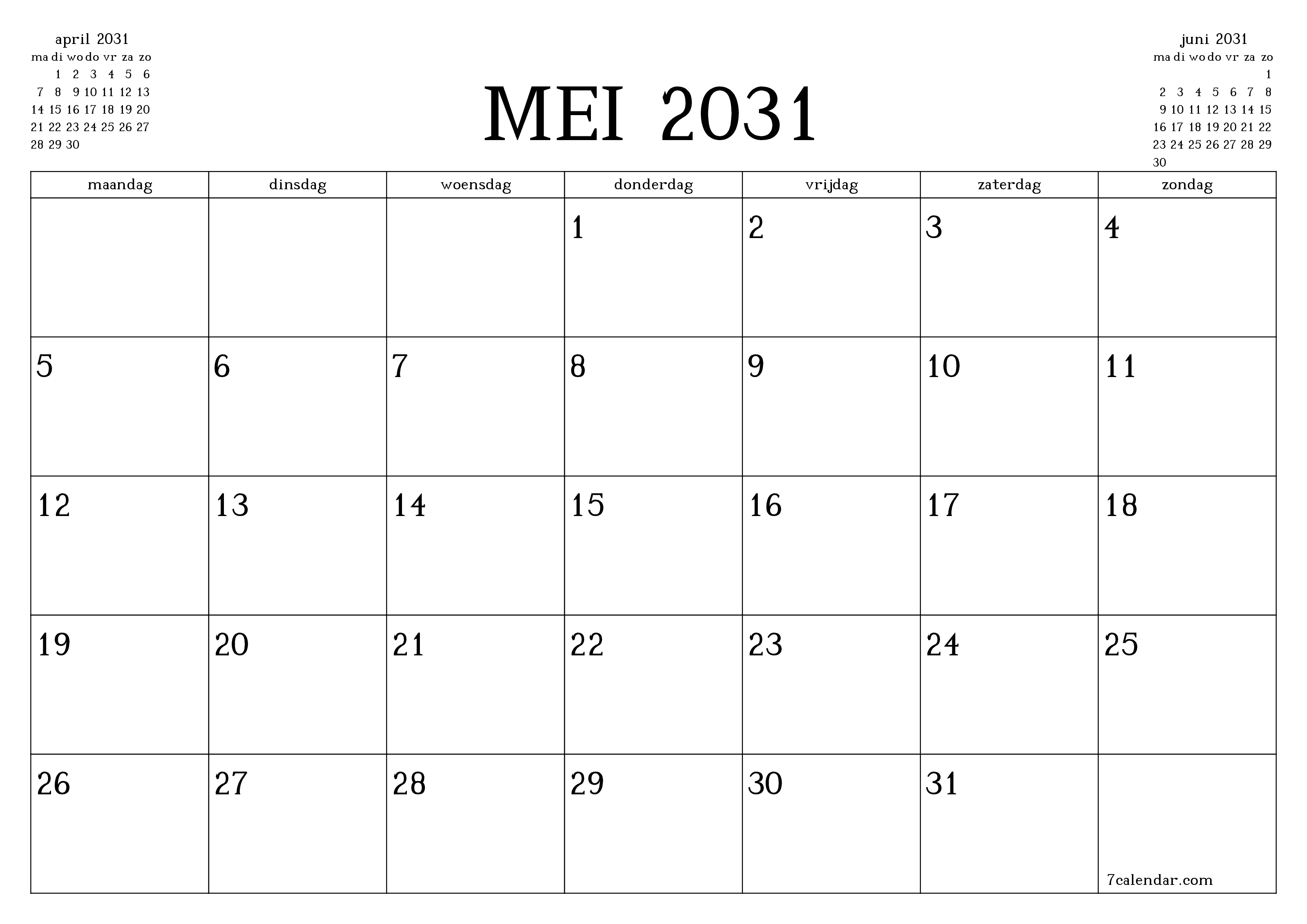 Lege maandplanner voor maand mei 2031 met notities, opslaan en afdrukken naar pdf PNG Dutch
