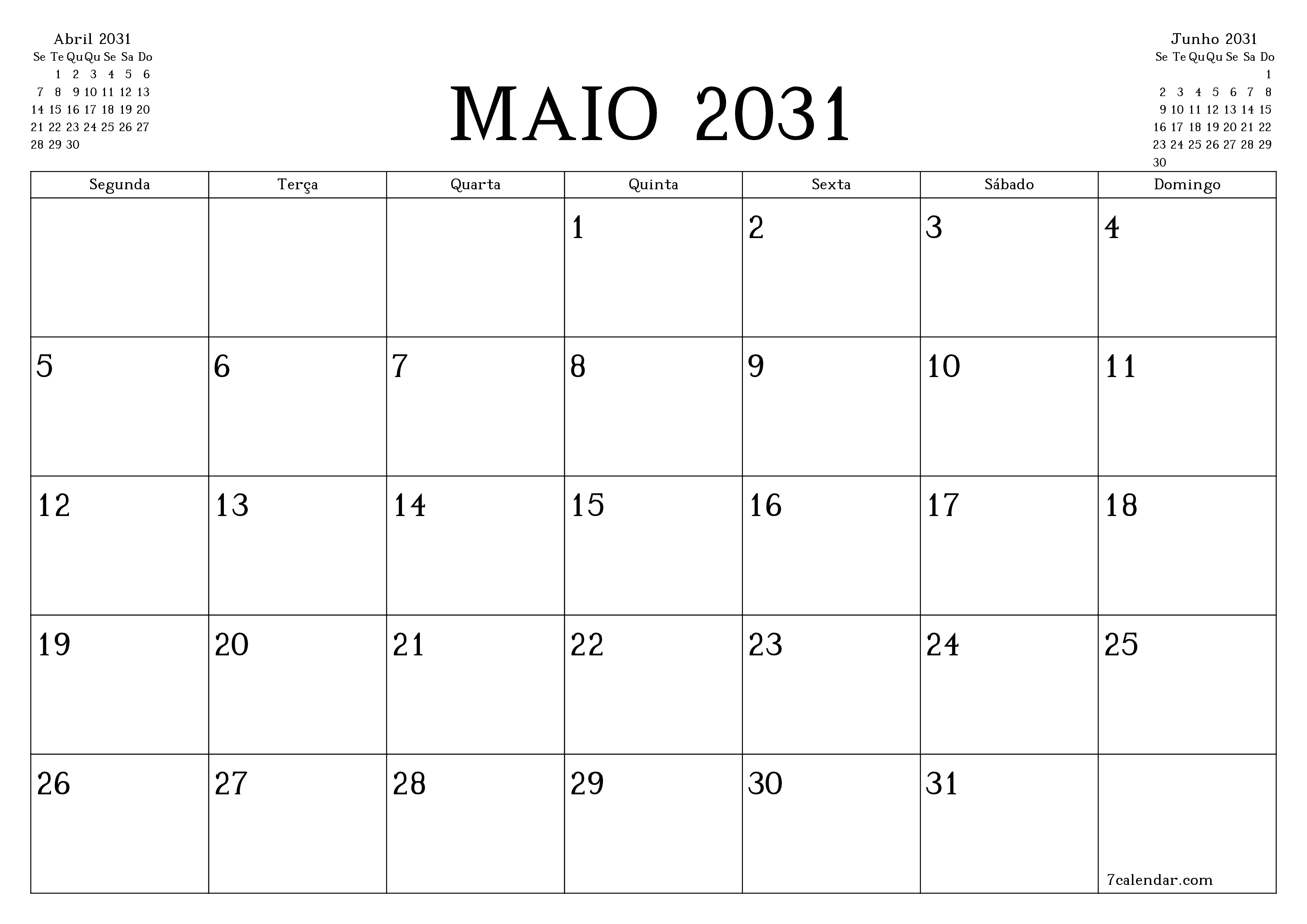 Esvazie o planejador mensal para o mês Maio 2031 com notas, salve e imprima em PDF PNG Portuguese