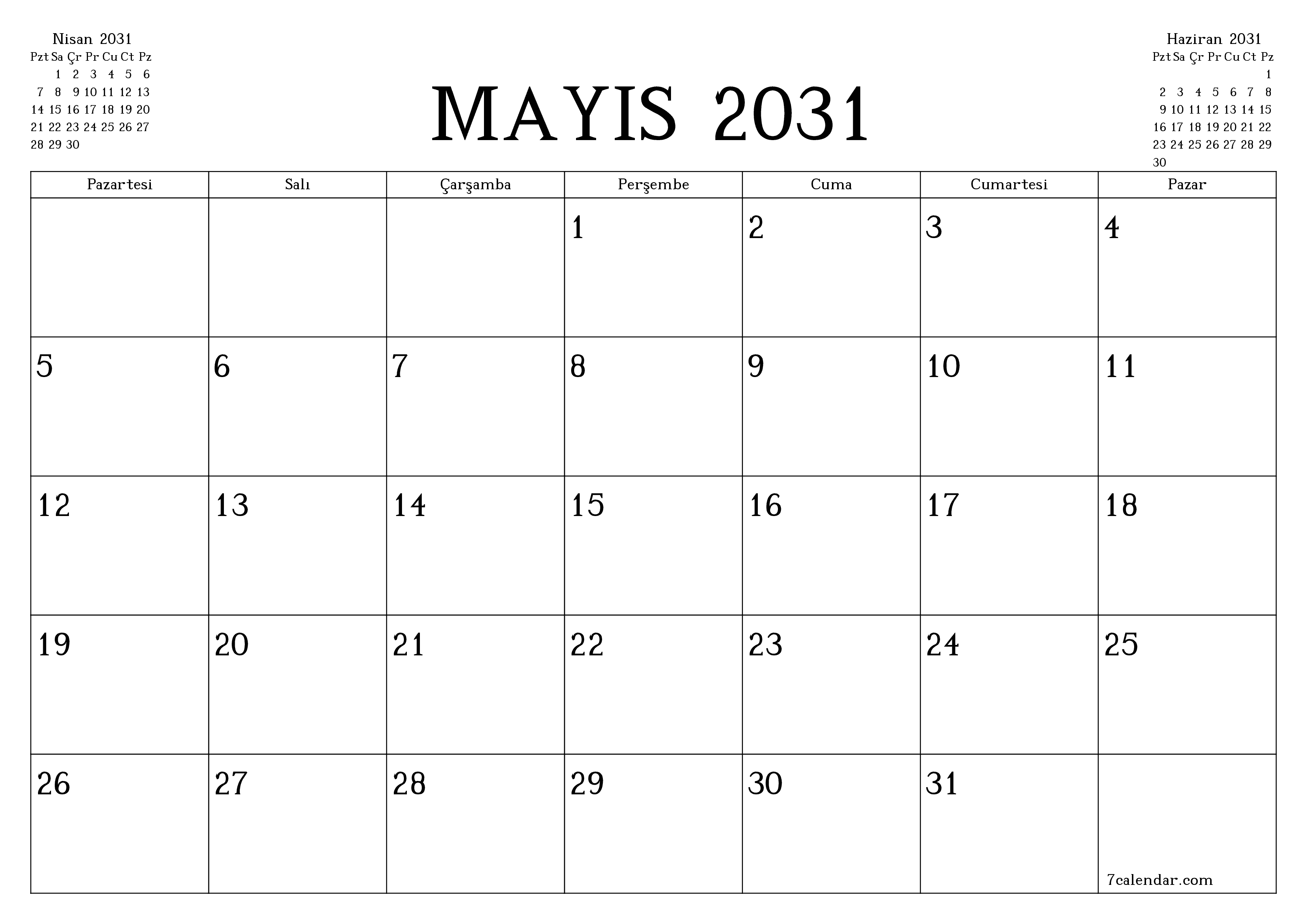 Mayıs 2031 ayı için notlarla birlikte boş aylık planlayıcı, kaydedin ve PDF'ye yazdırın PNG Turkish