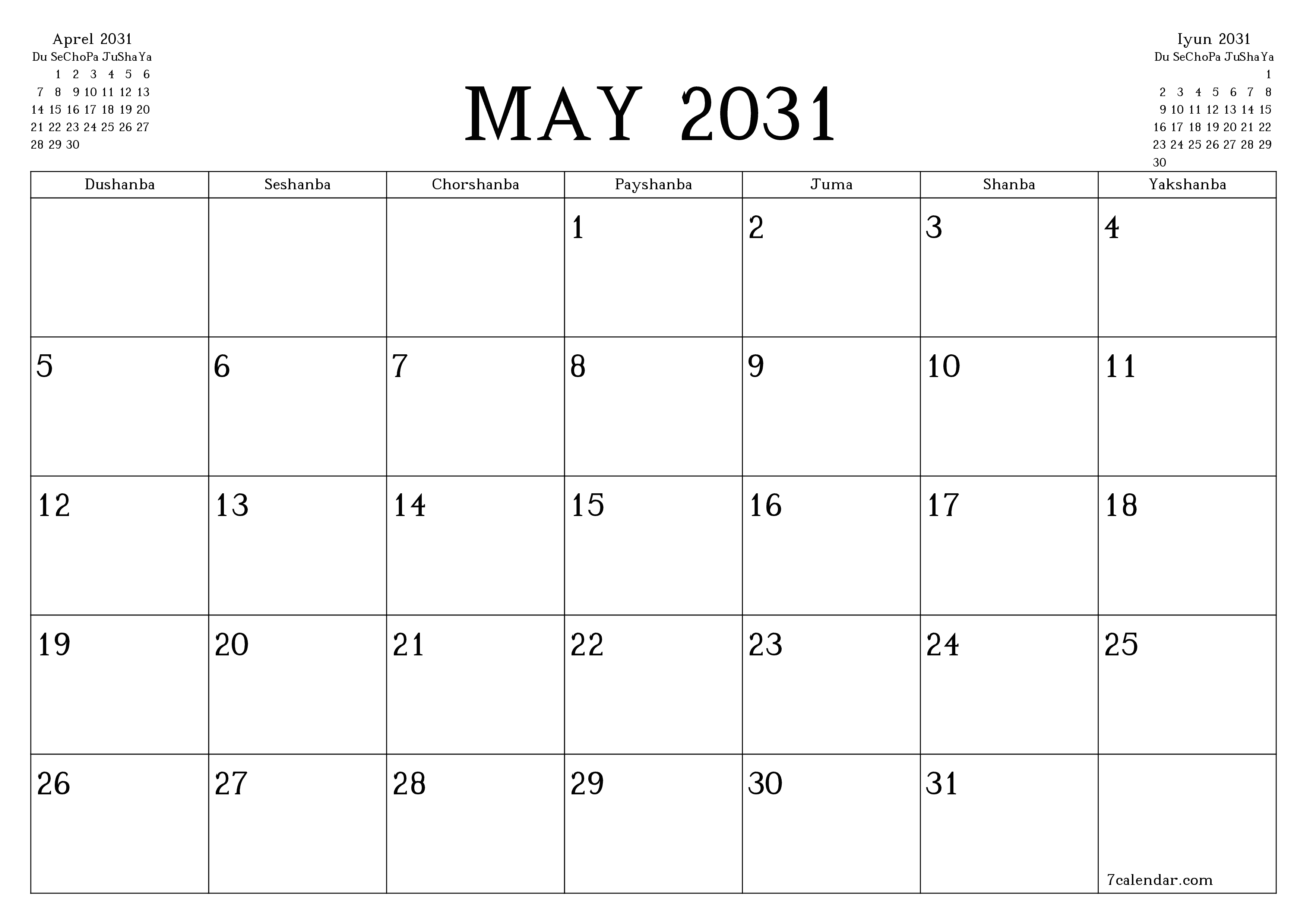May 2031 oylik oylik rejalashtiruvchini yozuvlar bilan bo'shatish, saqlash va PDF-ga chop etish PNG Uzbek