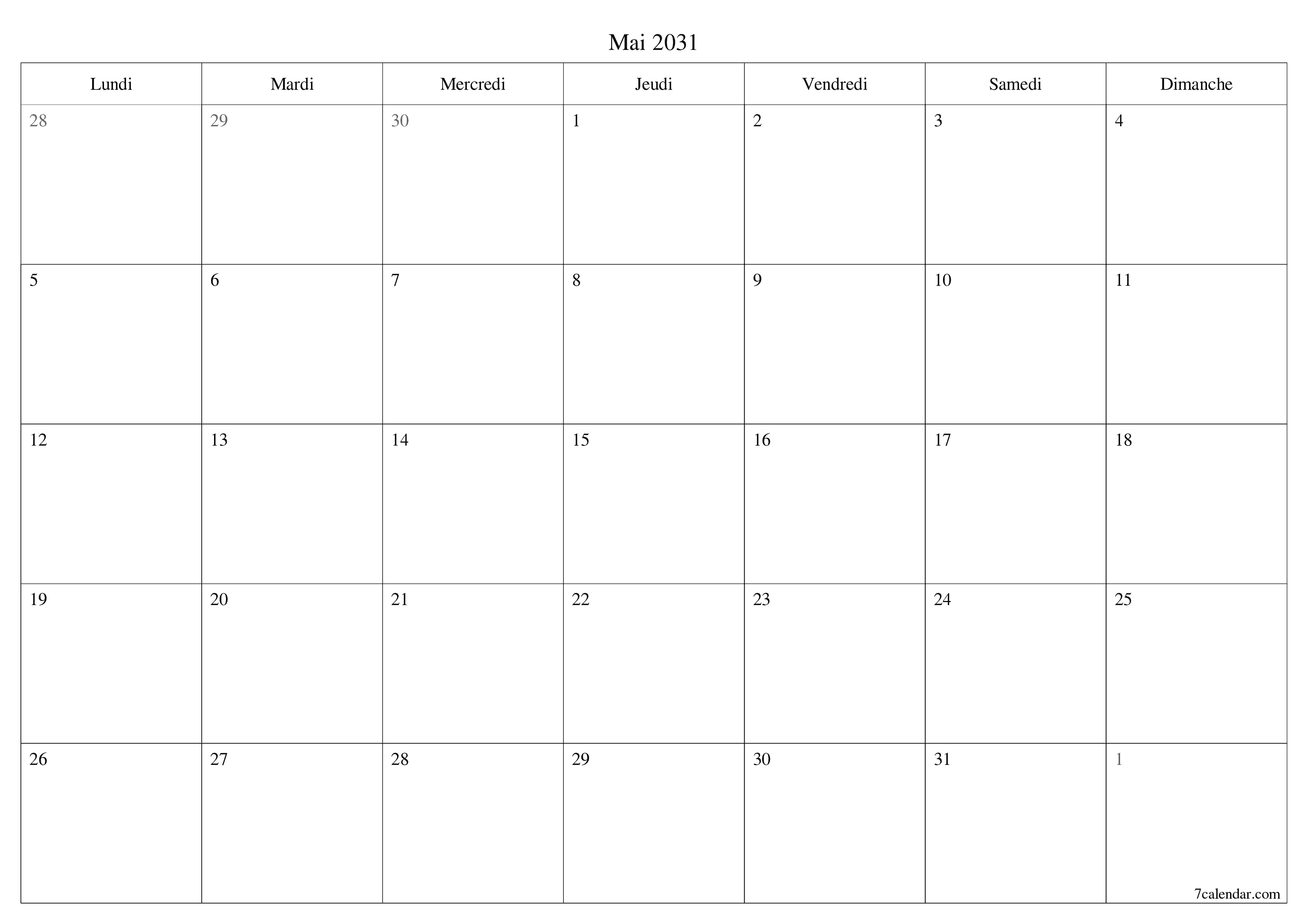 Agenda mensuel vide pour le mois Mai 2031 avec notes, enregistrez et imprimez au format PDF PNG French